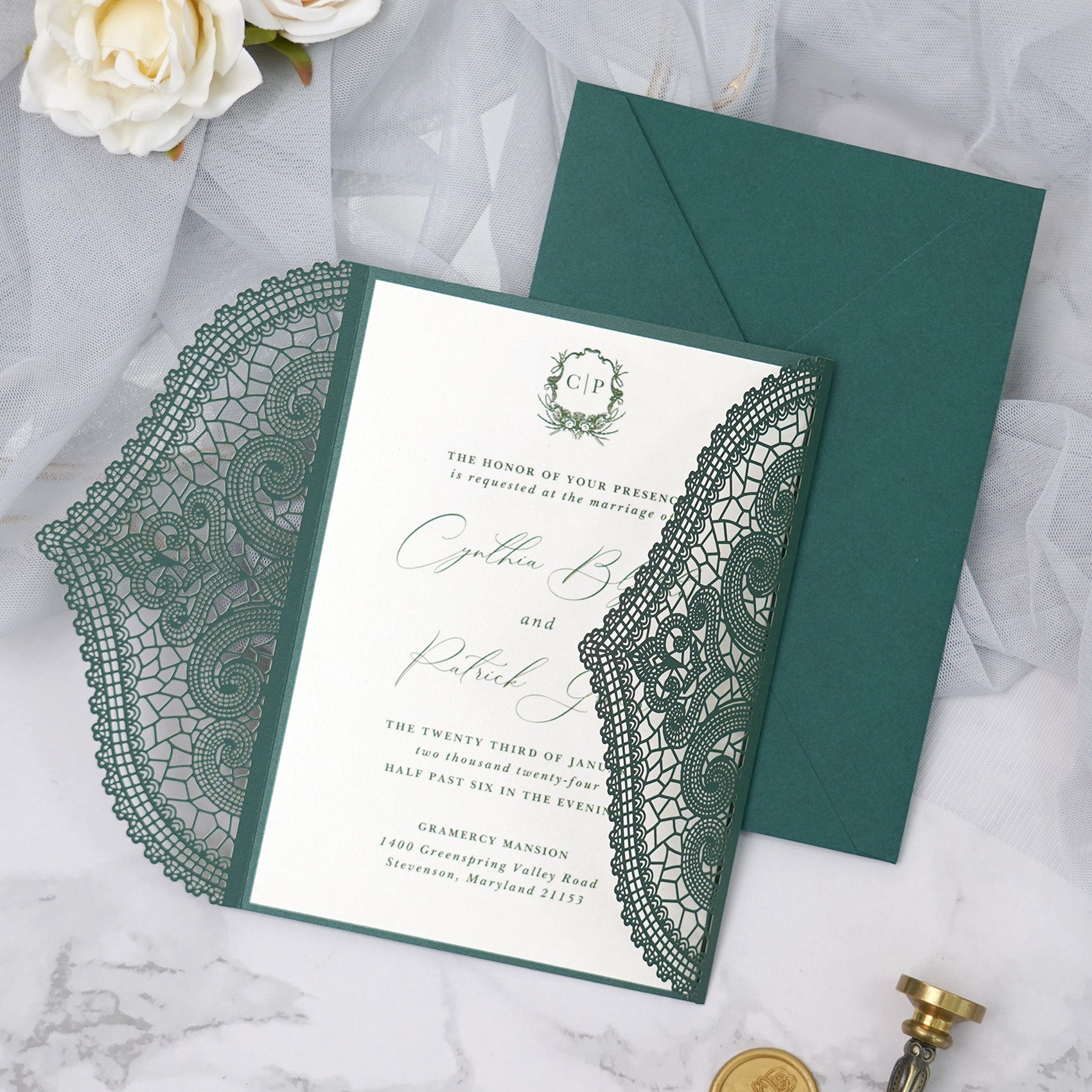 PONATIA Emerald Green Laser Cut Invitation Cards with Ivory Belly Band and Wax Seal