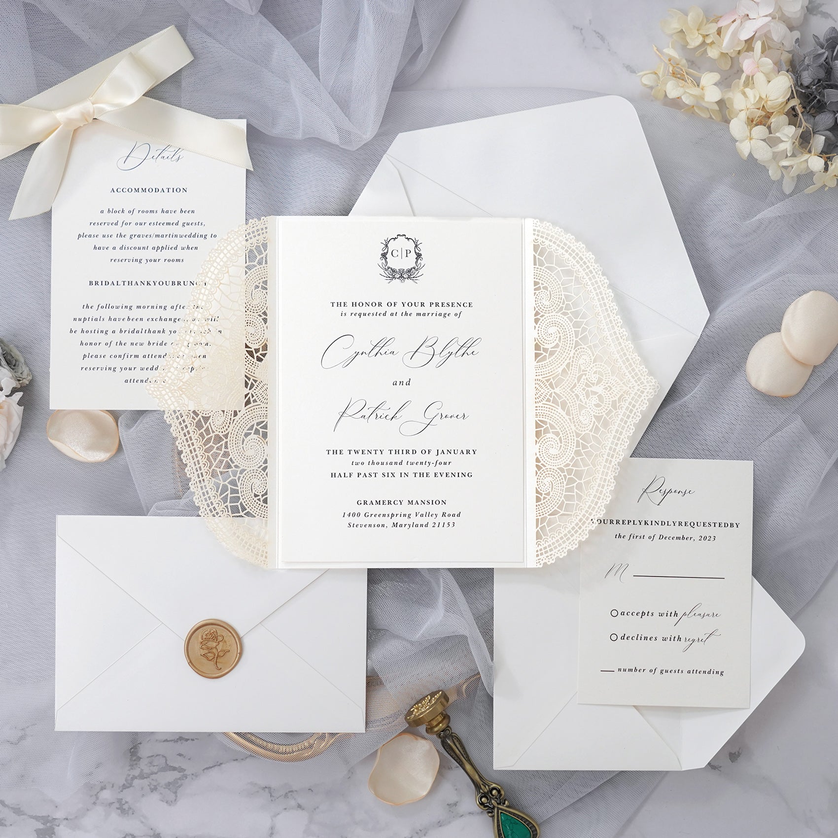 PONATIA Ivory Laser Cut Invitation Cards with Ivory Belly Band and Wax Seal