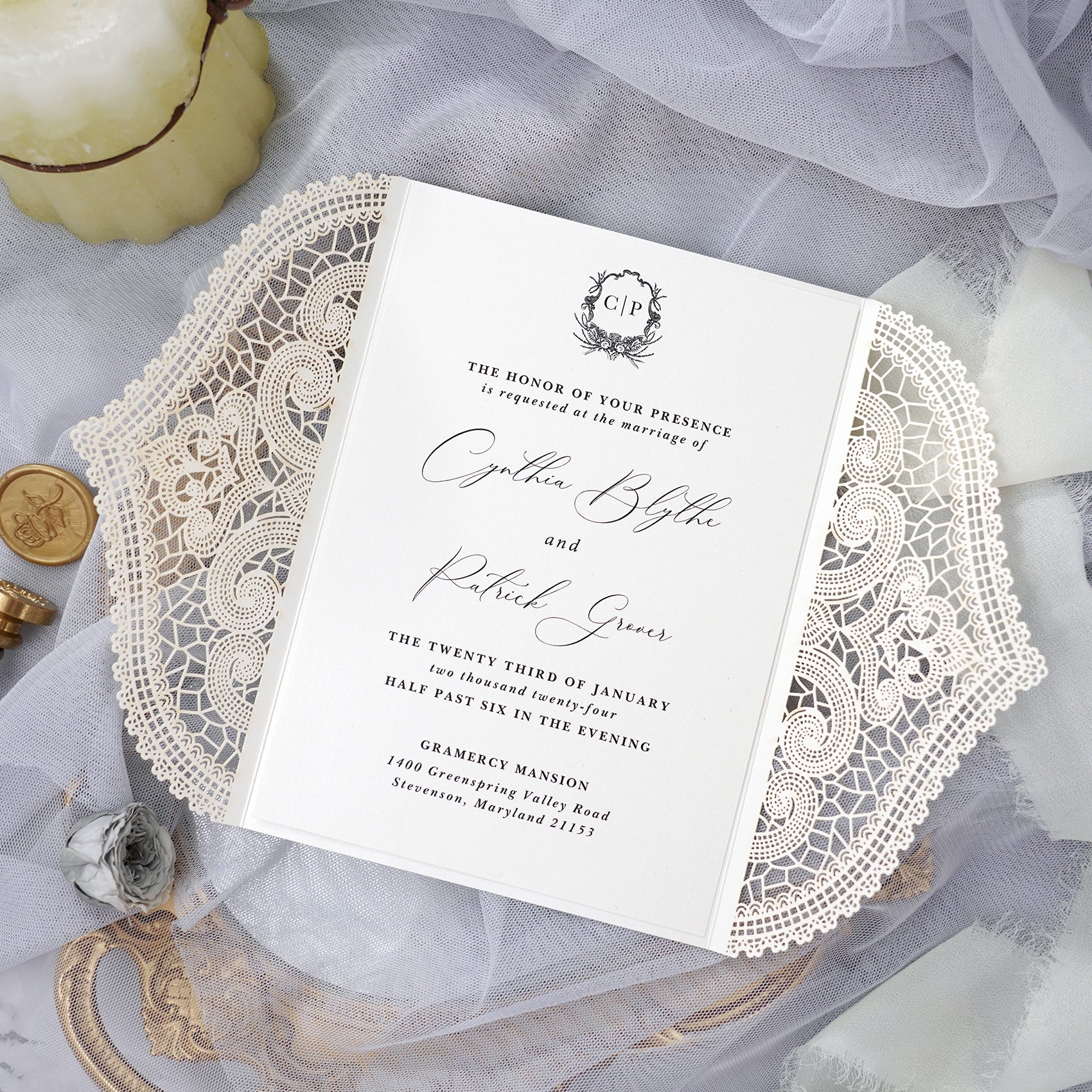PONATIA Ivory Laser Cut Invitation Cards with Ivory Belly Band and Wax Seal