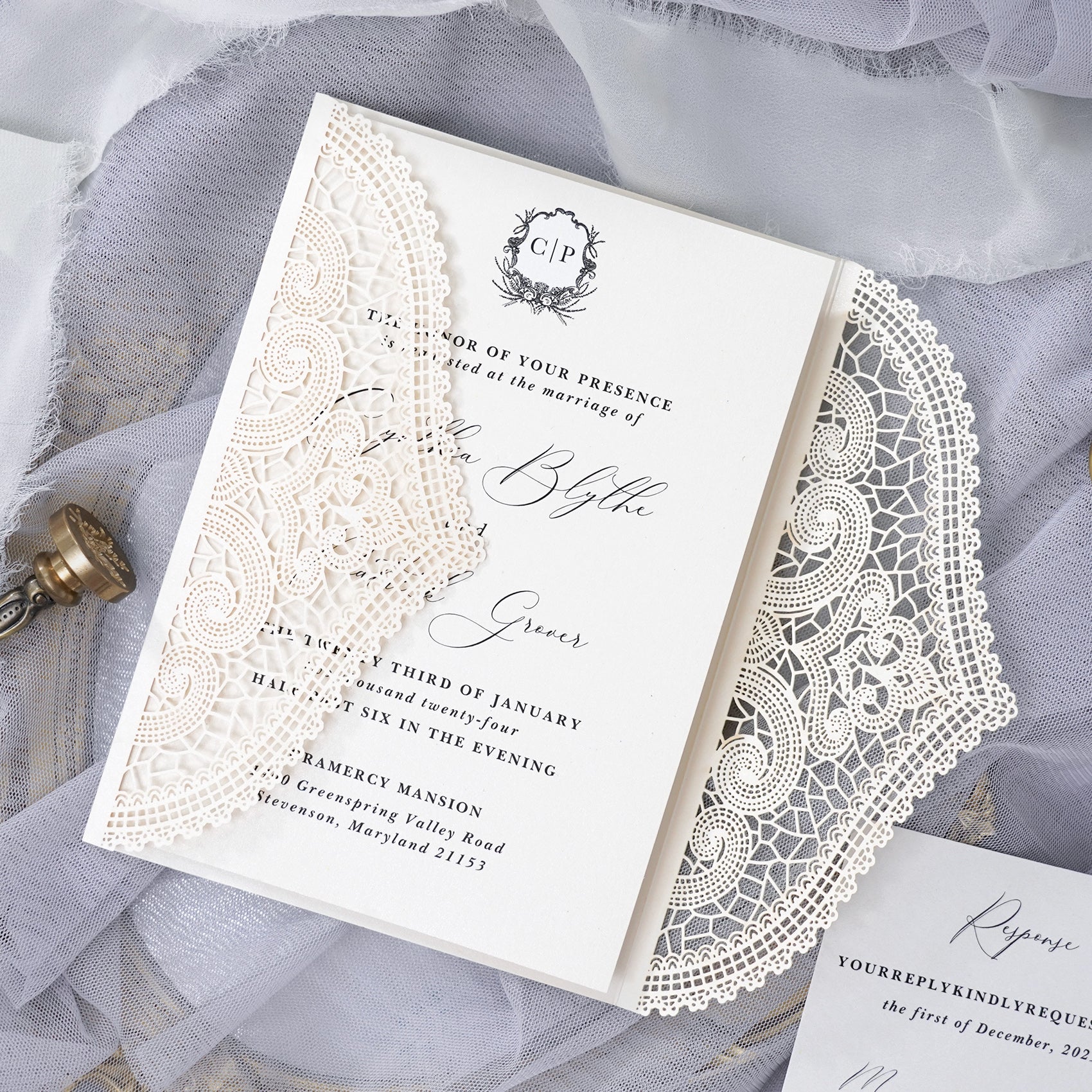 PONATIA Ivory Laser Cut Invitation Cards with Ivory Belly Band and Wax Seal