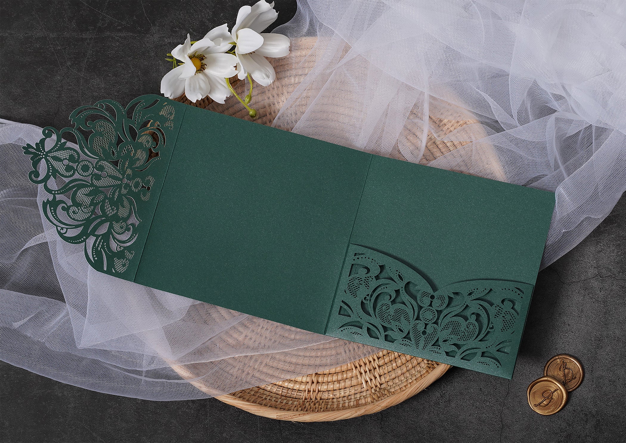 PONATIA Emerald Green Classic Floral Tri-fold Laser Cut Pockets Collection WPFC2126