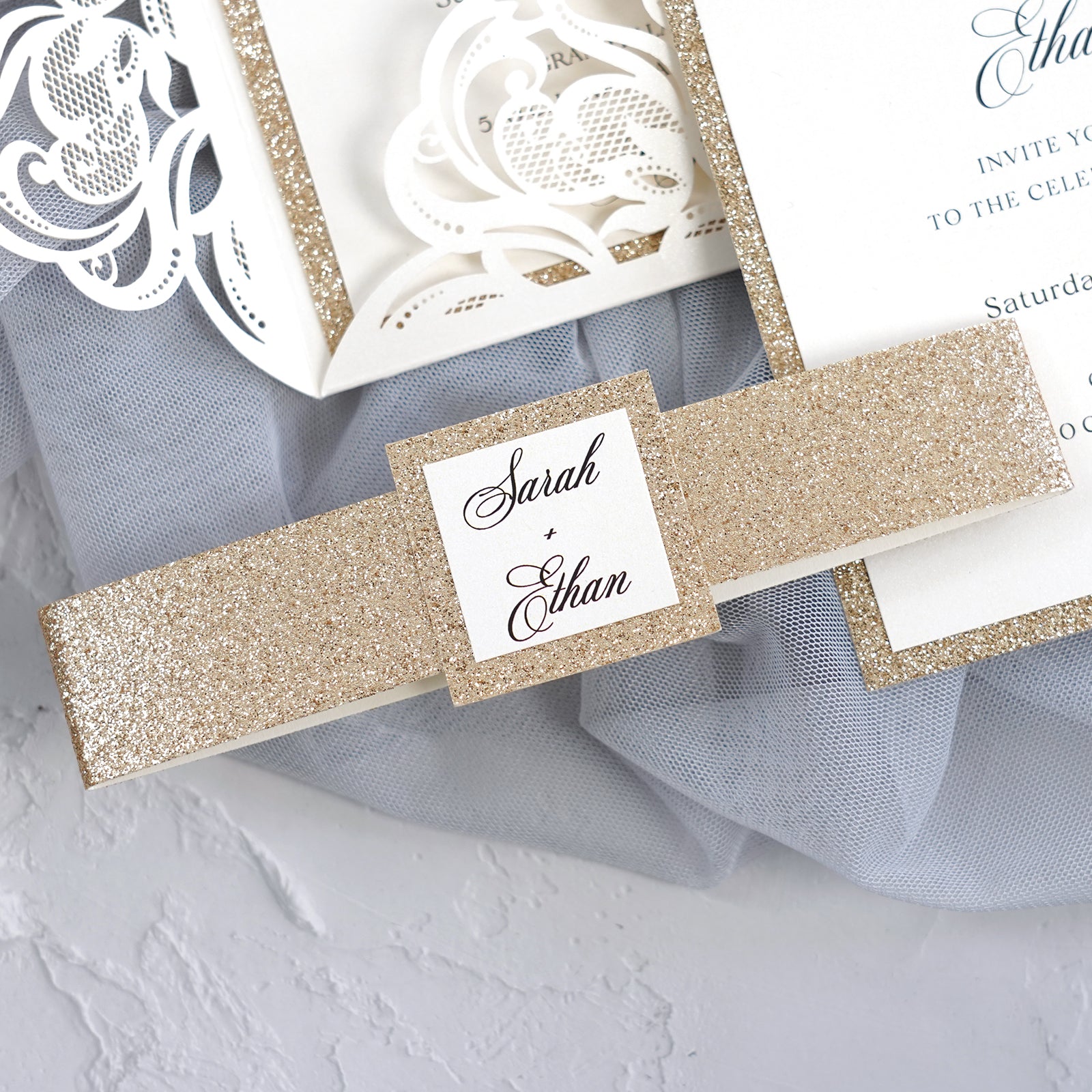 PONATIA Gorgeous Ivory Shimmer Laser Cut Wedding Invites Pocket with Glitter Backer and Belly Band