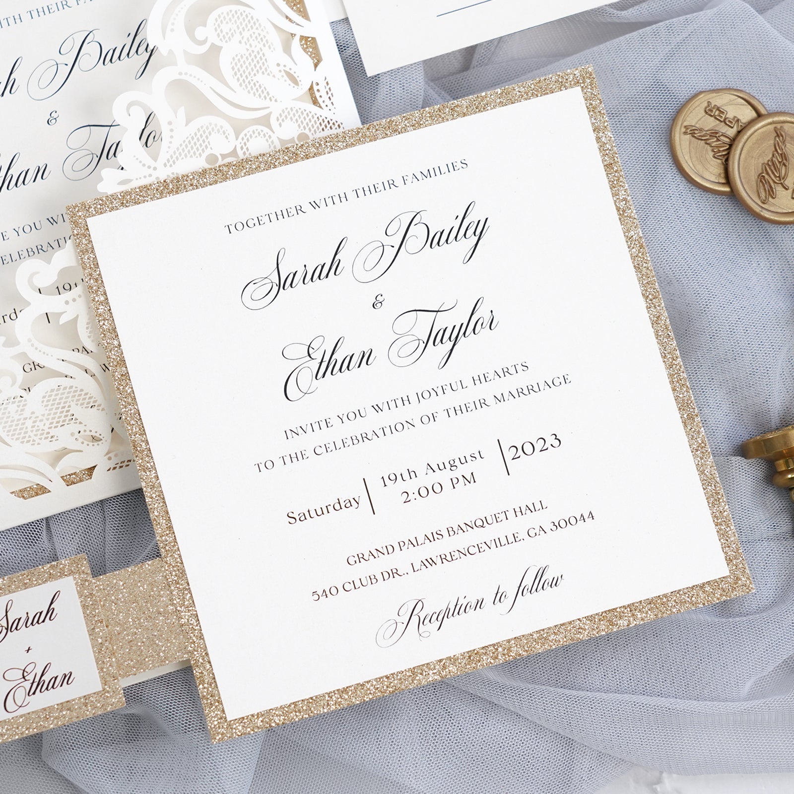 PONATIA Gorgeous Ivory Shimmer Laser Cut Wedding Invites Pocket with Glitter Backer and Belly Band