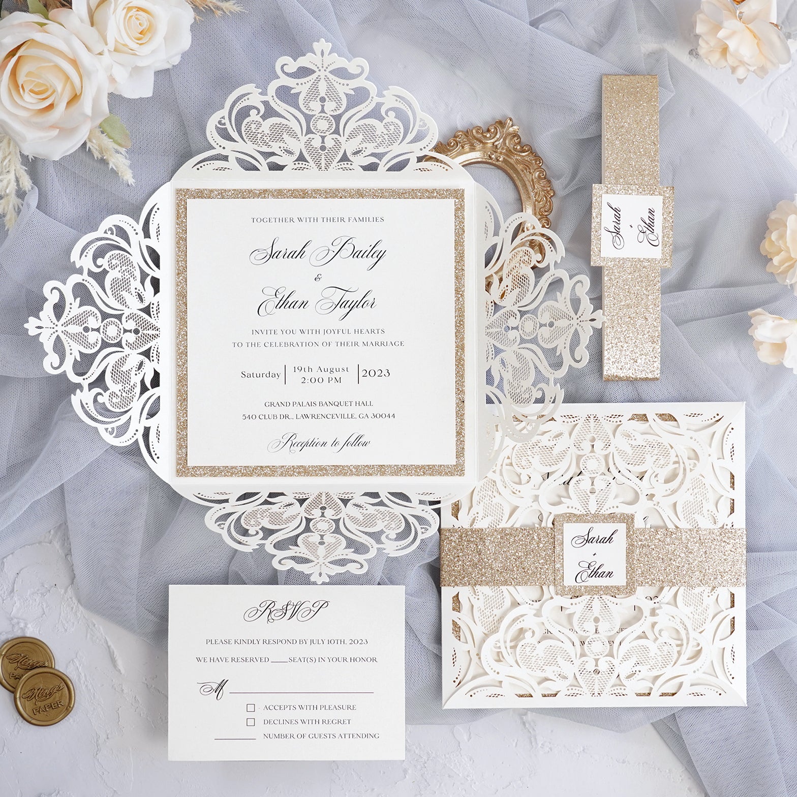 PONATIA Gorgeous Ivory Shimmer Laser Cut Wedding Invites Pocket with Glitter Backer and Belly Band