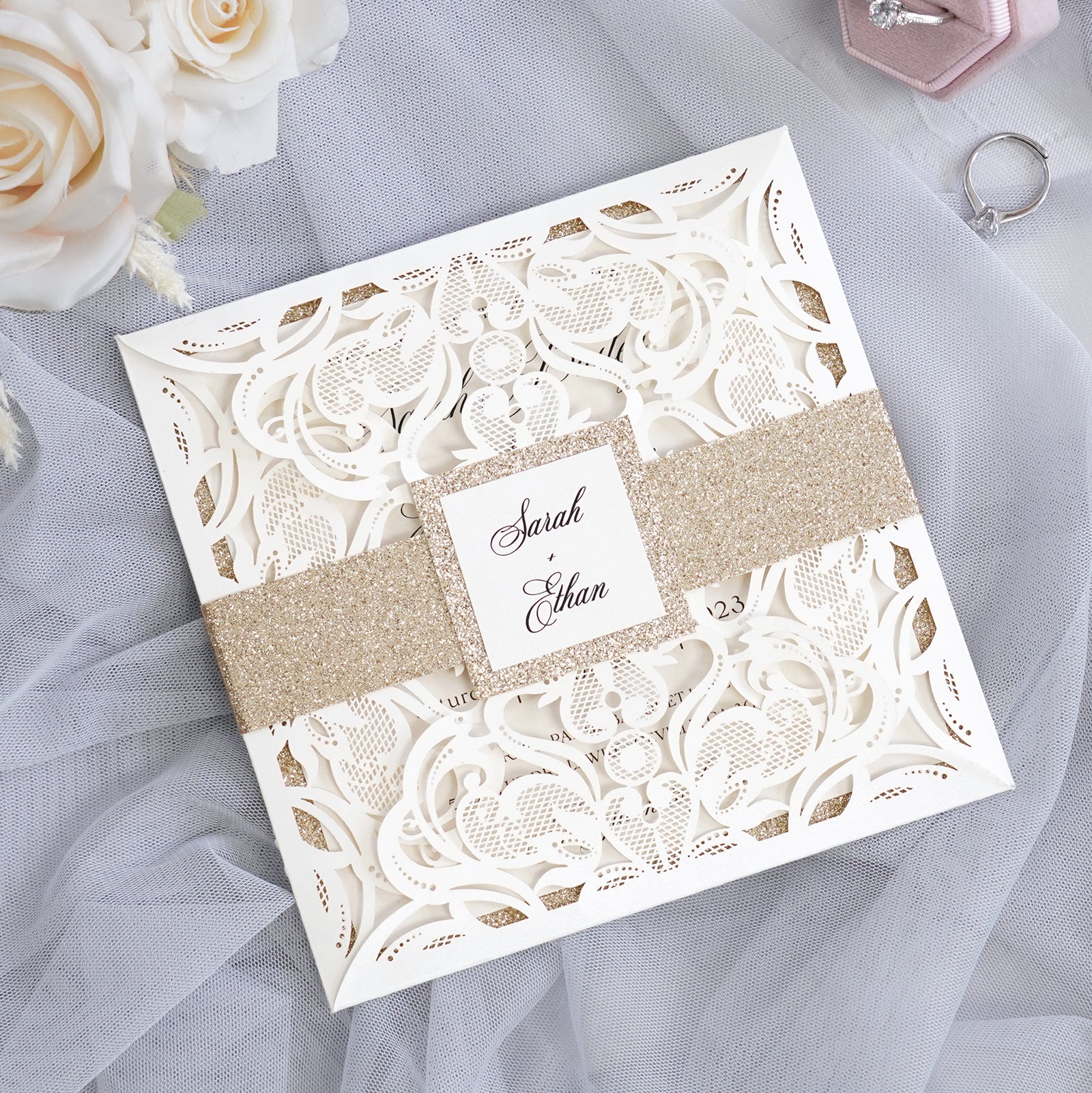 PONATIA Gorgeous Ivory Shimmer Laser Cut Wedding Invites Pocket with Glitter Backer and Belly Band