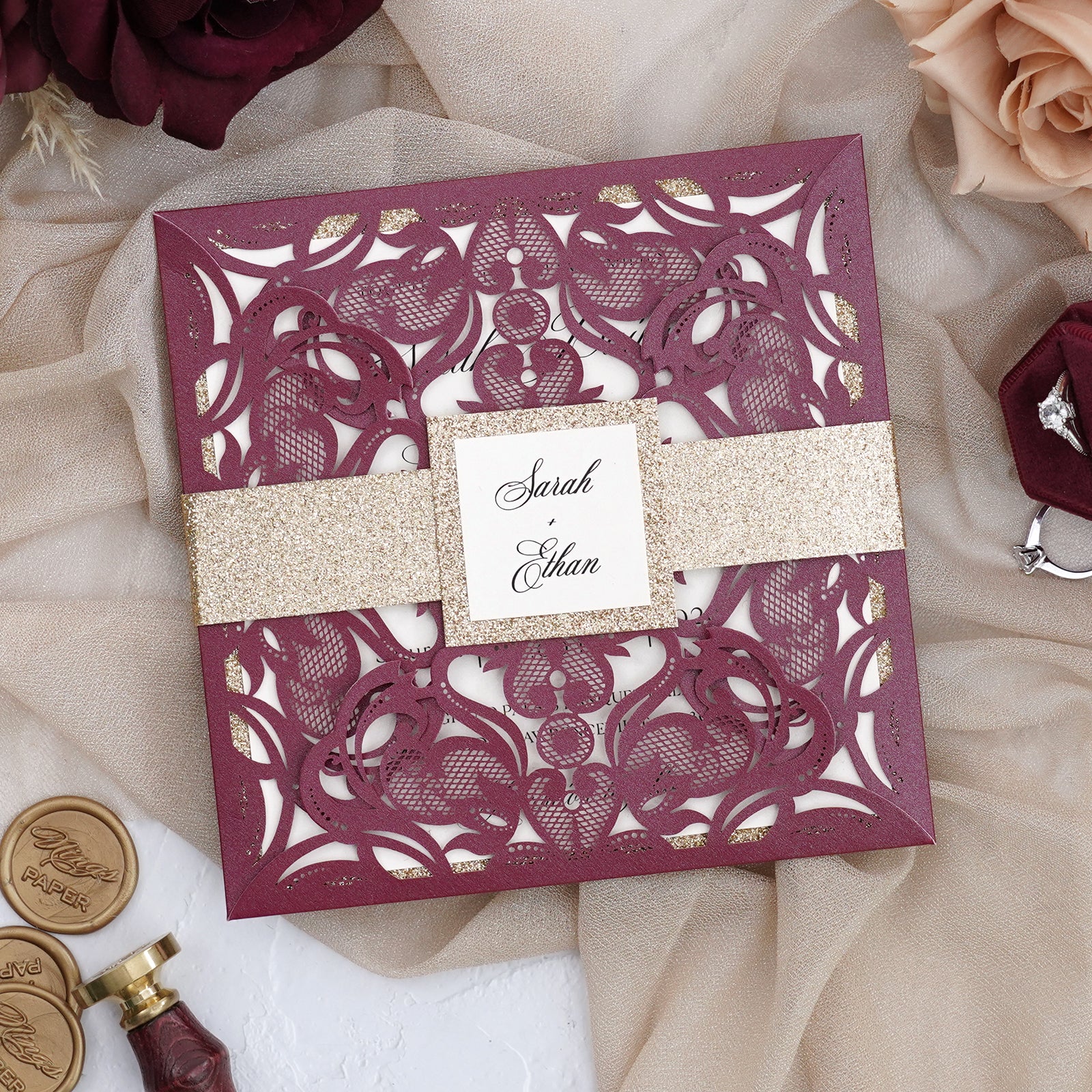 PONATIA Gorgeous Burgundy Shimmer Laser Cut Wedding Invites Pocket with Glitter Backer and Belly Band