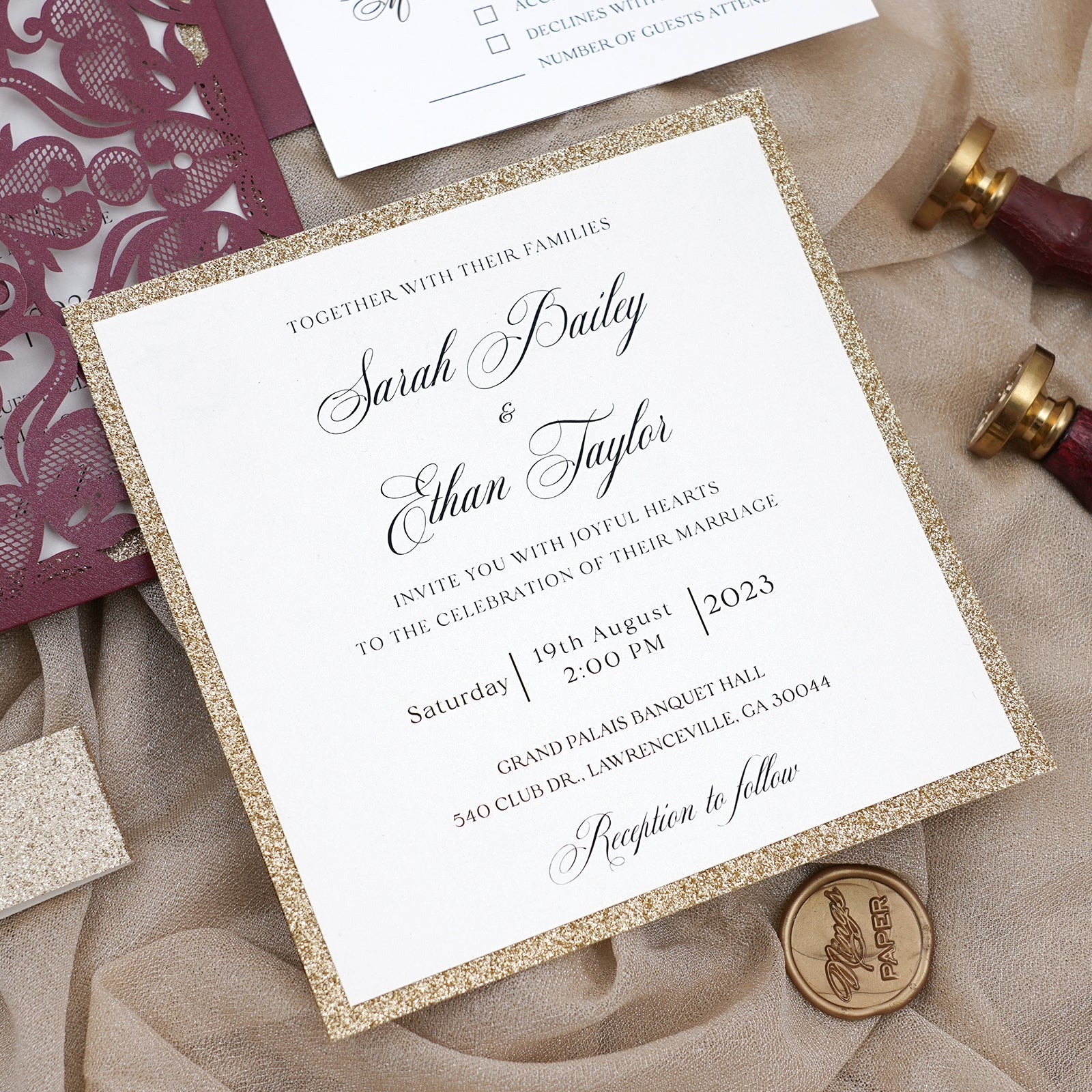 PONATIA Gorgeous Burgundy Shimmer Laser Cut Wedding Invites Pocket with Glitter Backer and Belly Band
