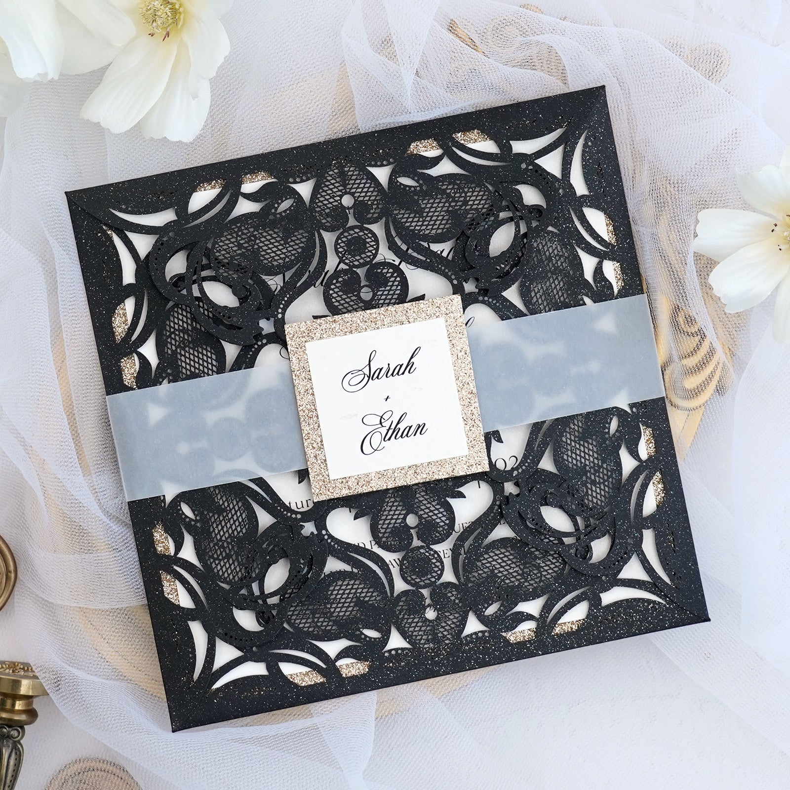 PONATIA Gorgeous Black Shimmer Laser Cut Wedding Invites Pocket with Glitter Backer and Belly Band
