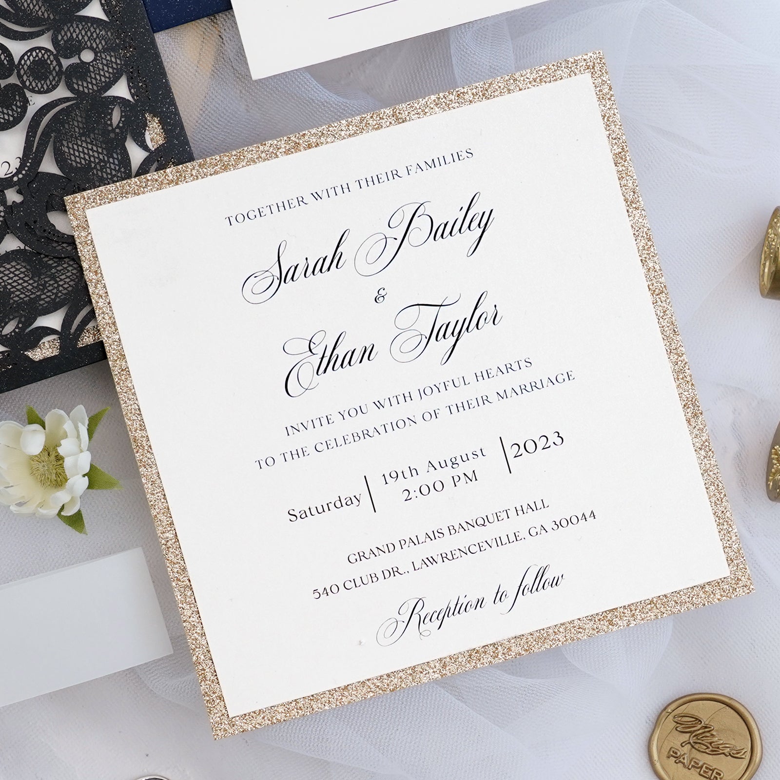 PONATIA Gorgeous Black Shimmer Laser Cut Wedding Invites Pocket with Glitter Backer and Belly Band