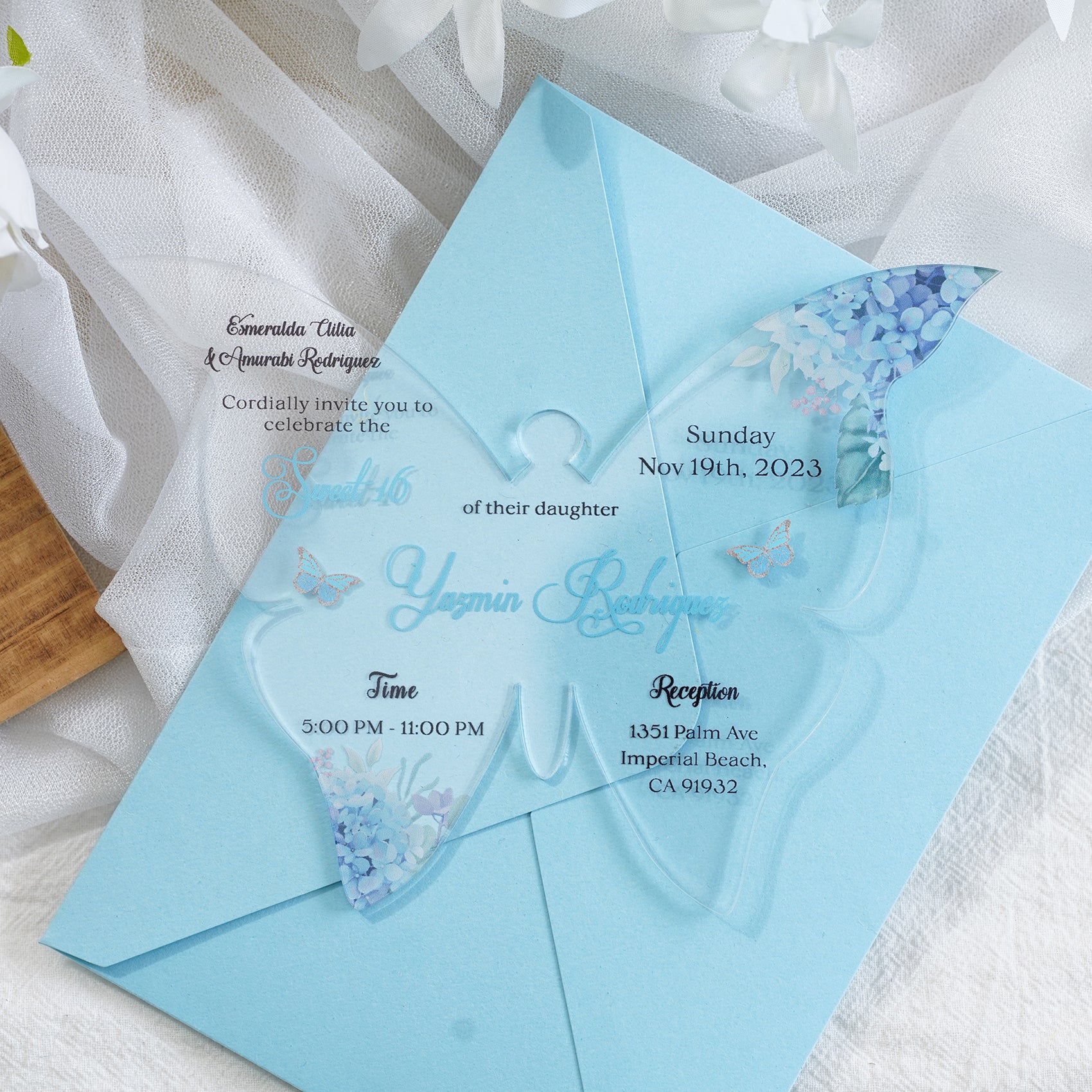 PONATIA 1mm/0.04" Baby Blue Butterfly Clear Acrylic Quinceanera Invitation Card with Envelope