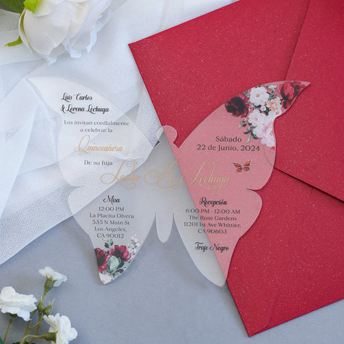 PONATIA 1mm/0.04" Burgundy Butterfly Clear Acrylic Quinceanera Invitation Card with Envelope