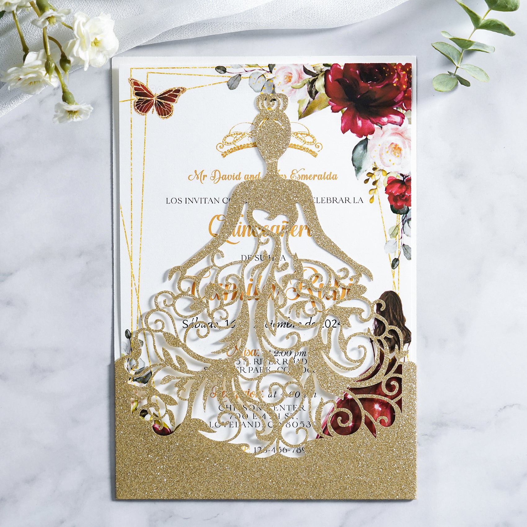 PONATIA Gold Glitter Laser Cut Crown Sweet 16 Invitations Cards With Envelopes