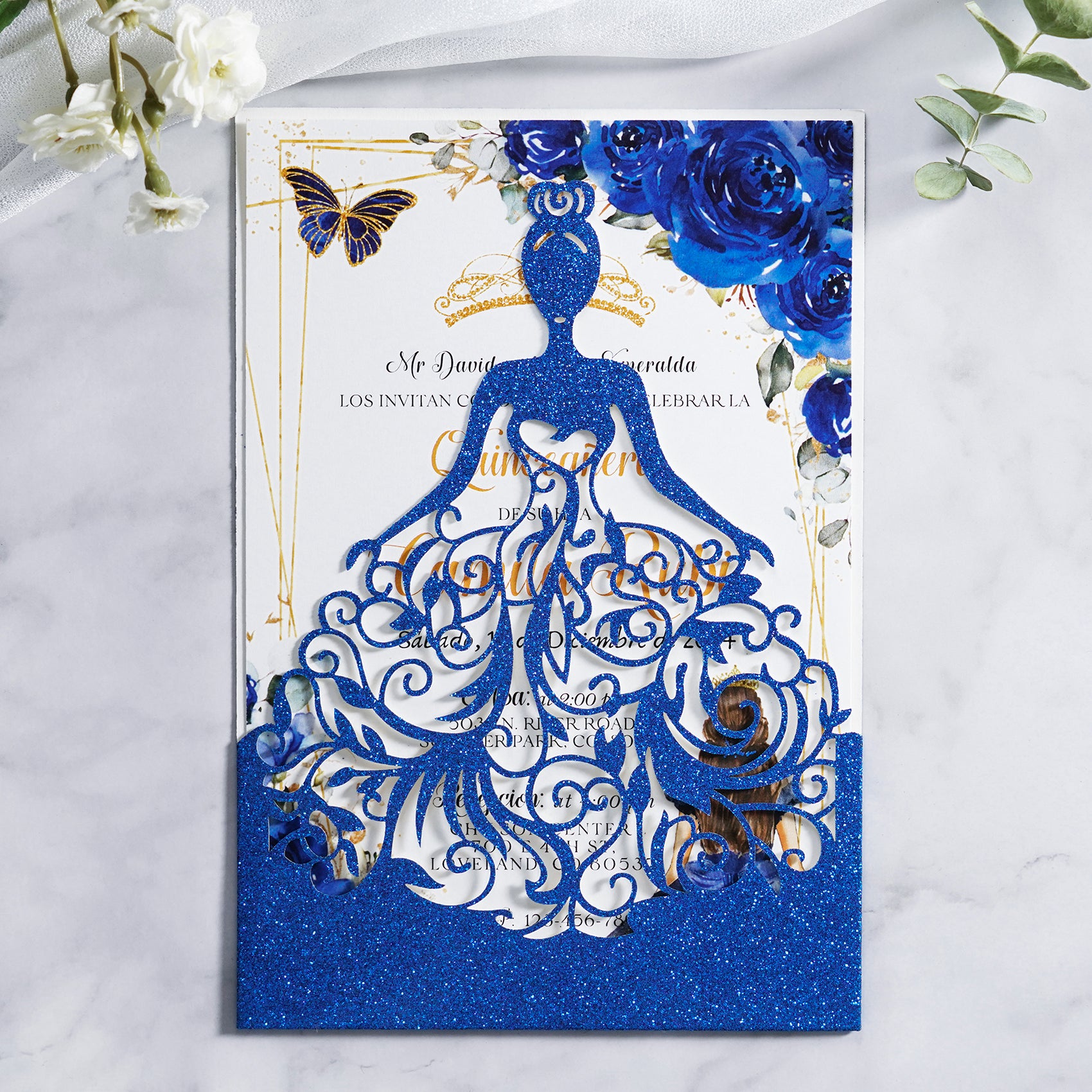 PONATIA Royal Blue Glitter Laser Cut Crown Sweet 16 Invitations Cards With Envelopes