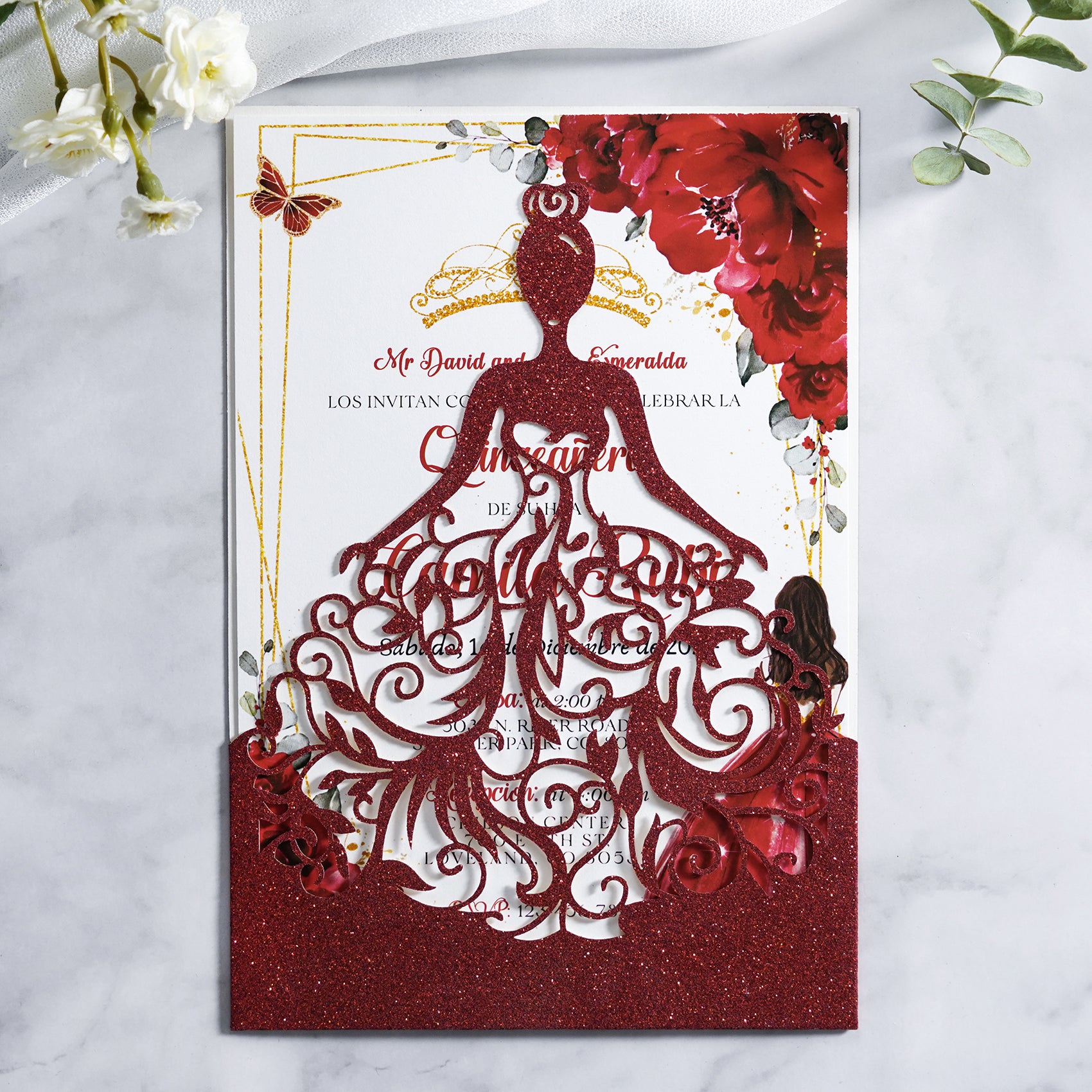 PONATIA Red Glitter Laser Cut Crown Sweet 16 Invitations Cards With Envelopes