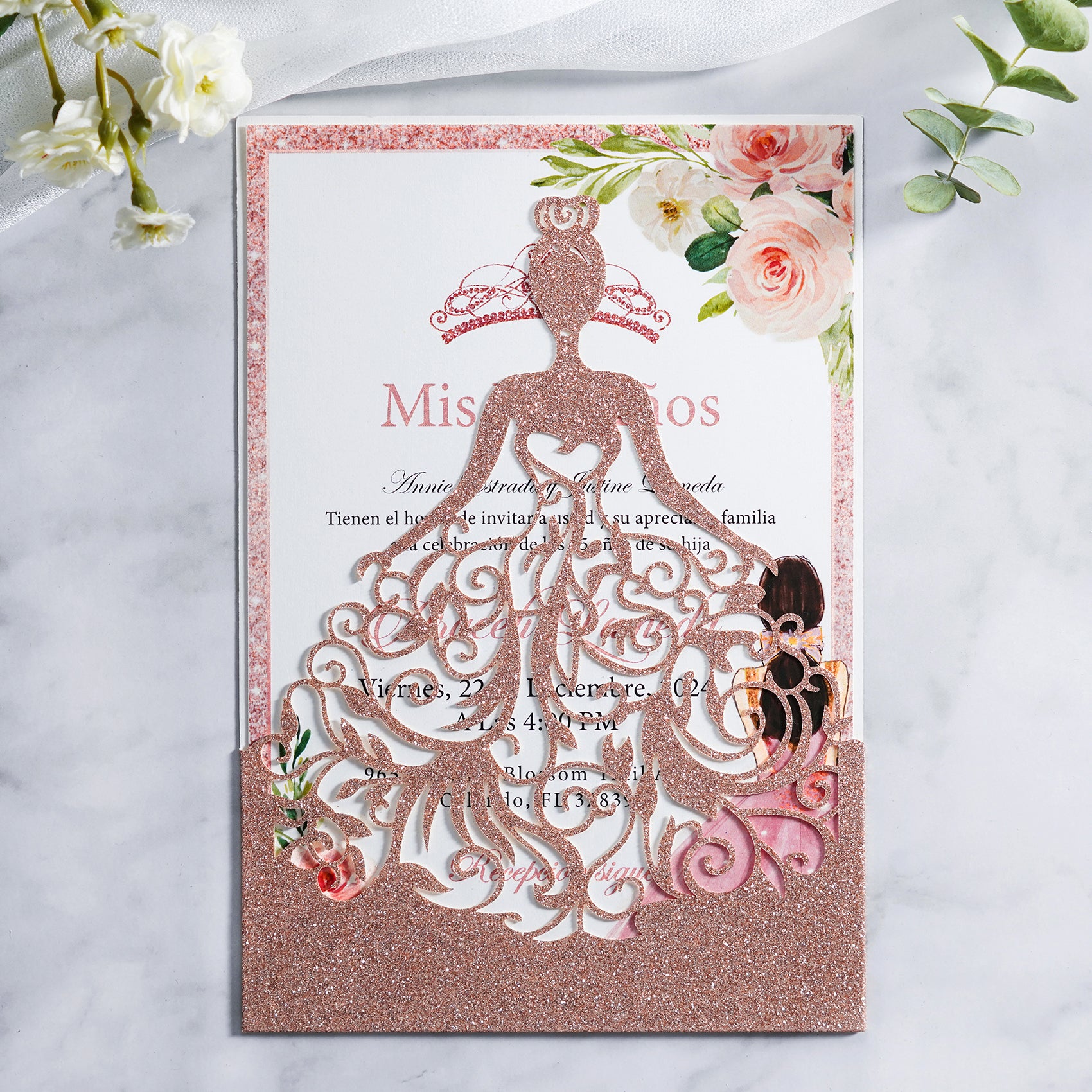 PONATIA Rose Gold Glitter Laser Cut Crown Sweet 16 Invitations Cards With Envelopes