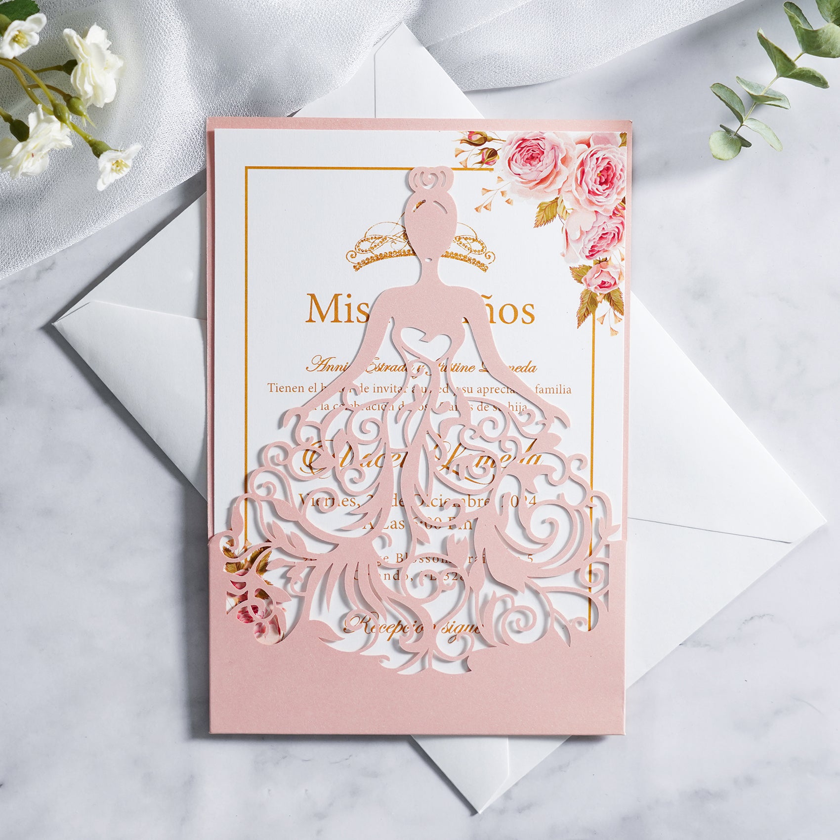 PONATIA Blush Pink Laser Cut Crown Sweet 16 Invitations Cards With Envelopes