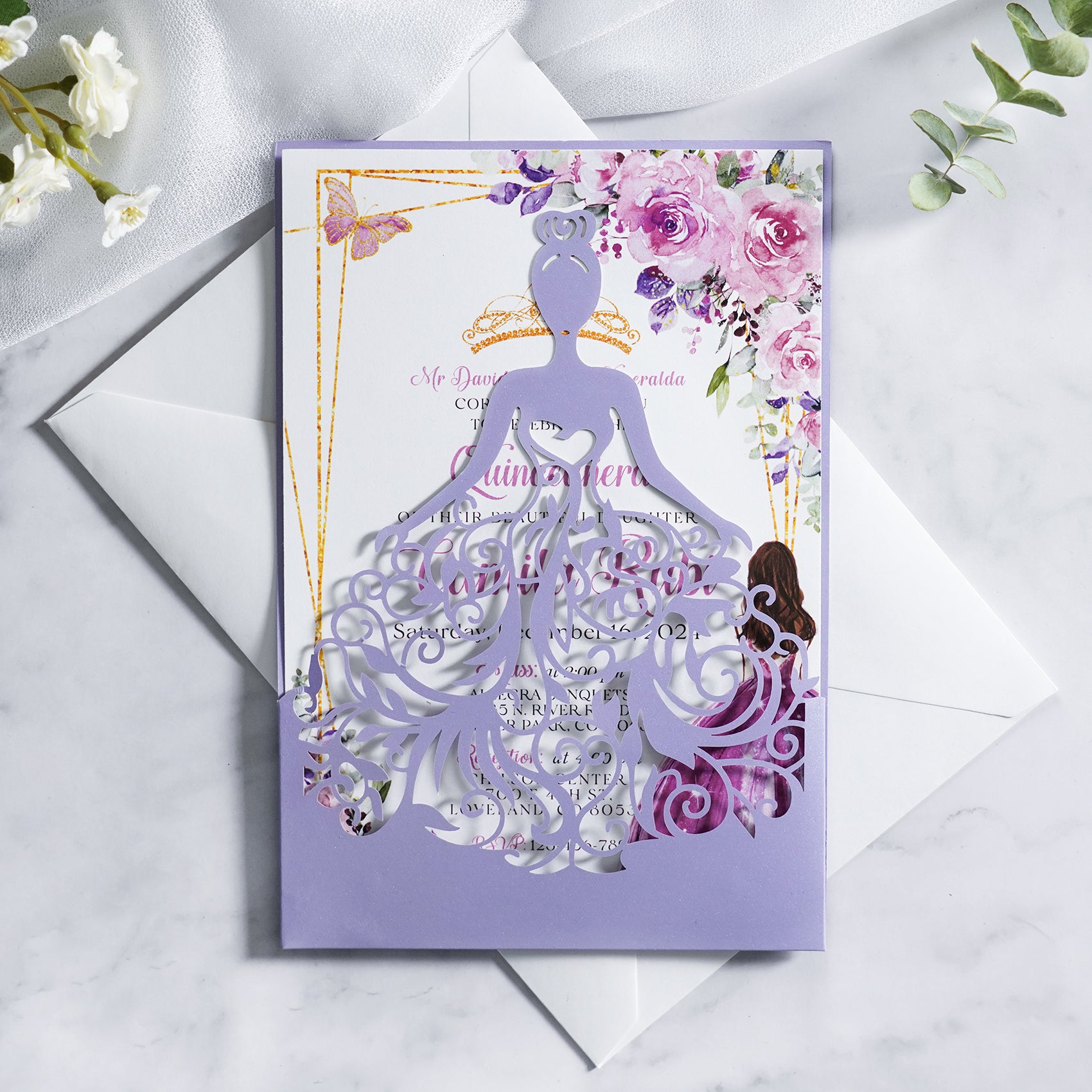 PONATIA Lilac Laser Cut Crown Sweet 16 Invitations Cards With Envelopes