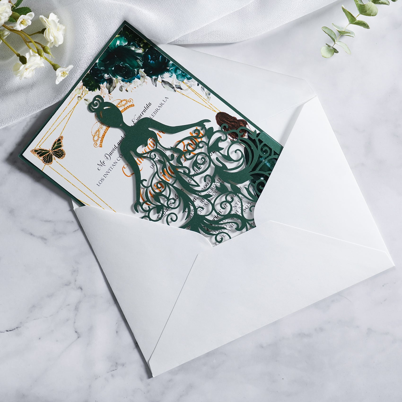 PONATIA Emerald Green Glitter Laser Cut Crown Sweet 16 Invitations Cards With Envelopes