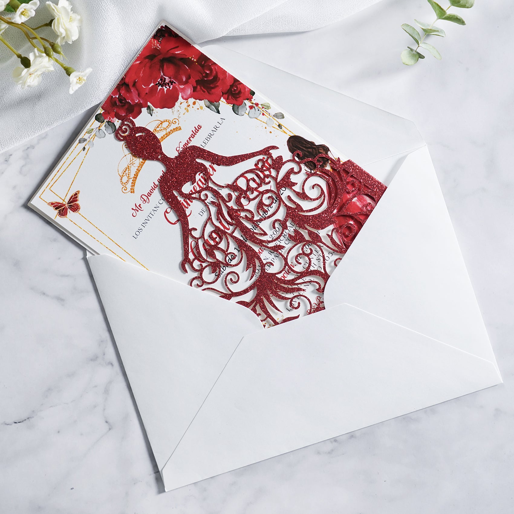PONATIA Red Glitter Laser Cut Crown Sweet 16 Invitations Cards With Envelopes