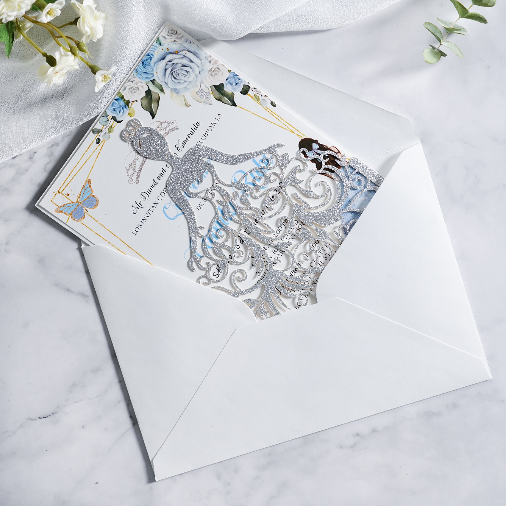 PONATIA Sliver Glitter Laser Cut Crown Sweet 16 Invitations Cards With Envelopes