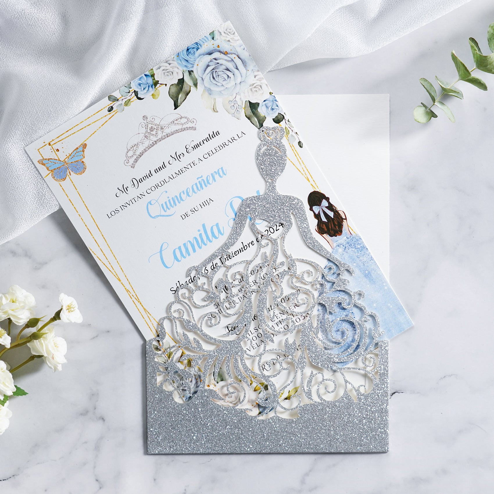PONATIA Sliver Glitter Laser Cut Crown Sweet 16 Invitations Cards With Envelopes