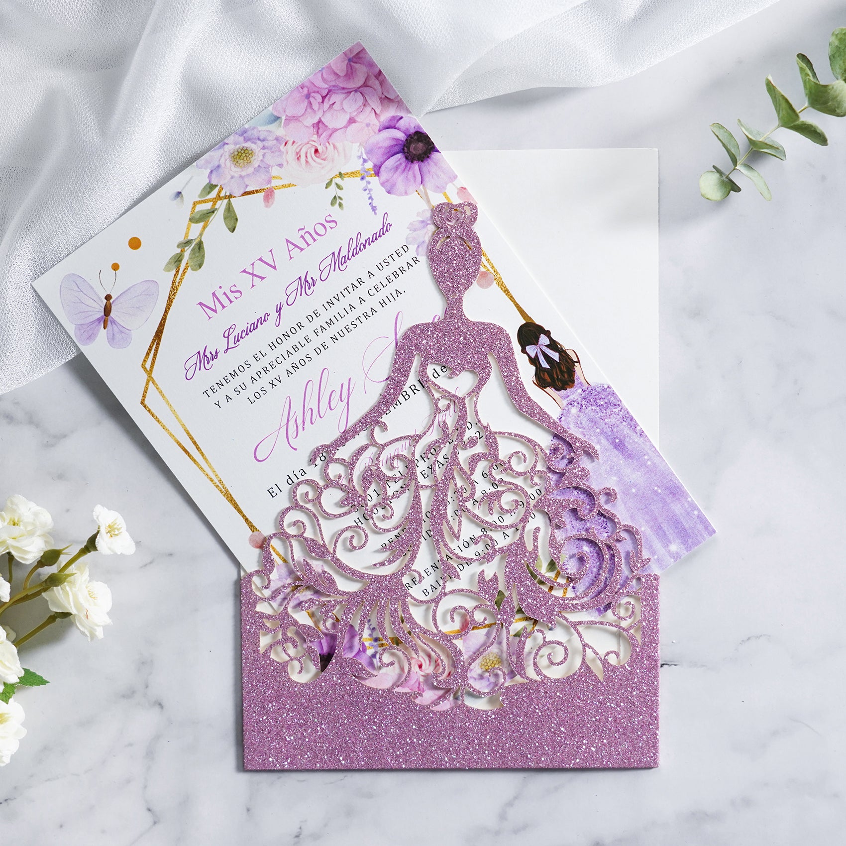 PONATIA Lilac Glitter Laser Cut Crown Sweet 16 Invitations Cards With Envelopes