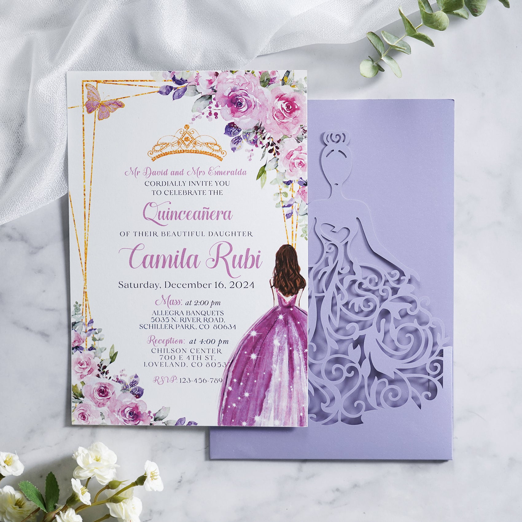 PONATIA Lilac Laser Cut Crown Sweet 16 Invitations Cards With Envelopes