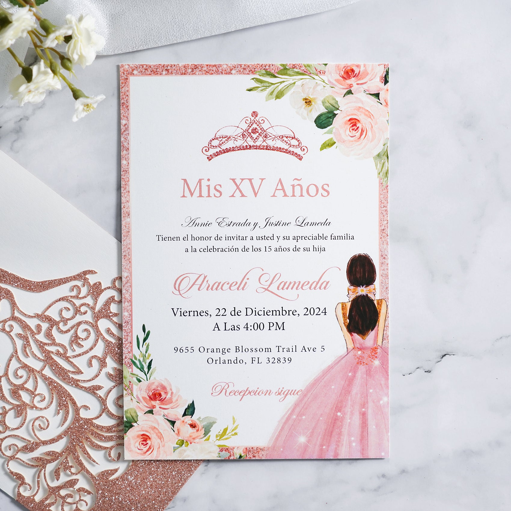 PONATIA Rose Gold Glitter Laser Cut Crown Sweet 16 Invitations Cards With Envelopes