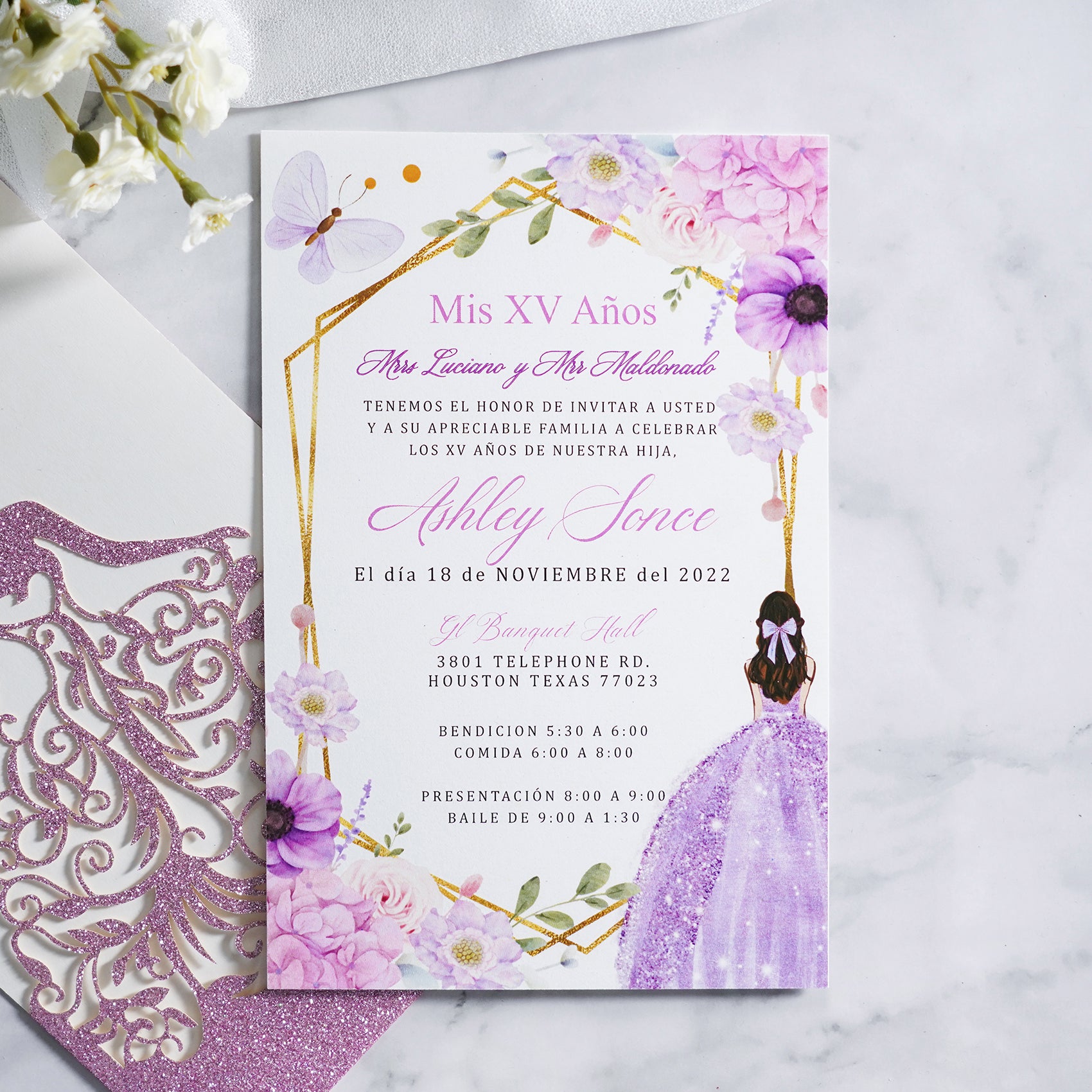 PONATIA Lilac Glitter Laser Cut Crown Sweet 16 Invitations Cards With Envelopes