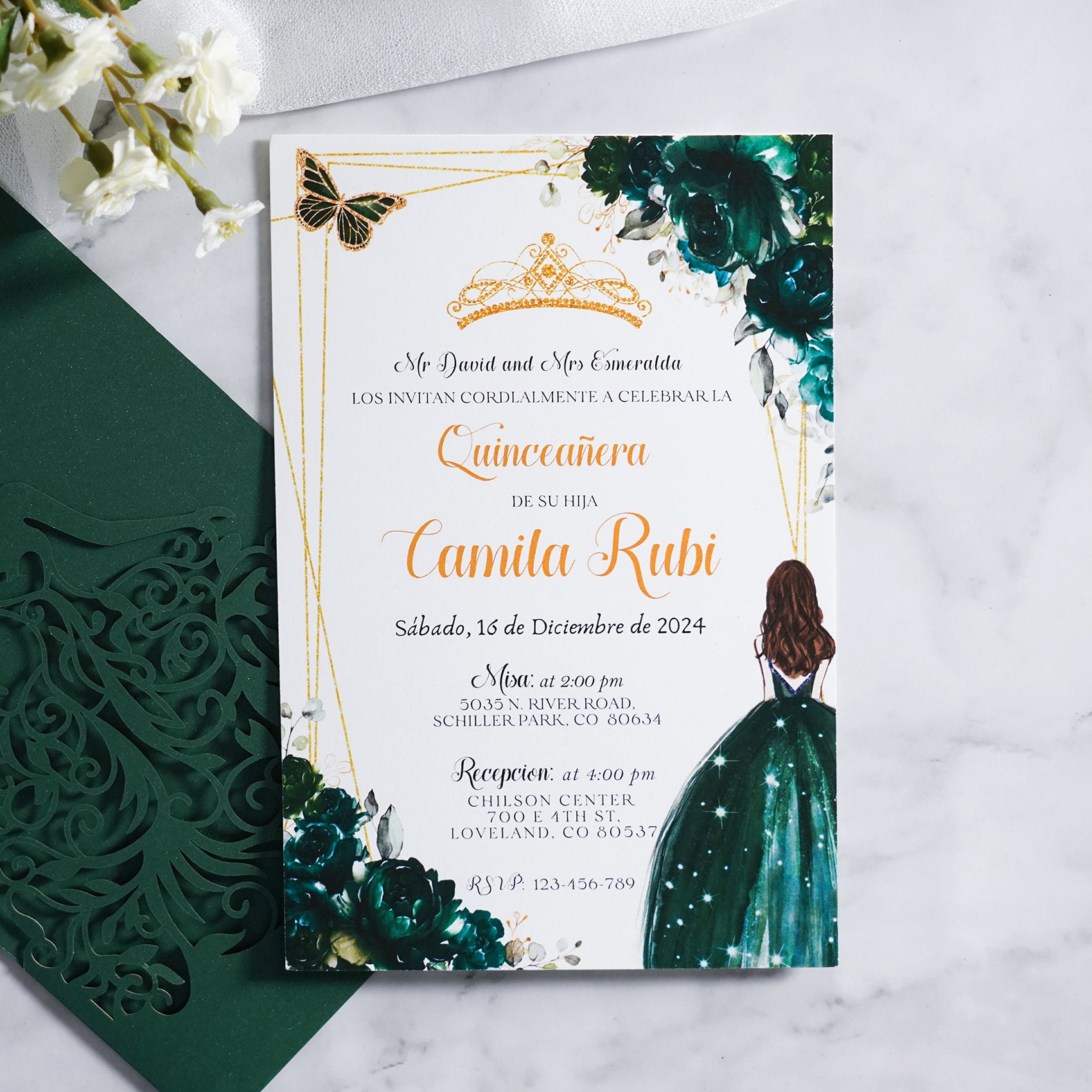 PONATIA Emerald Green Glitter Laser Cut Crown Sweet 16 Invitations Cards With Envelopes