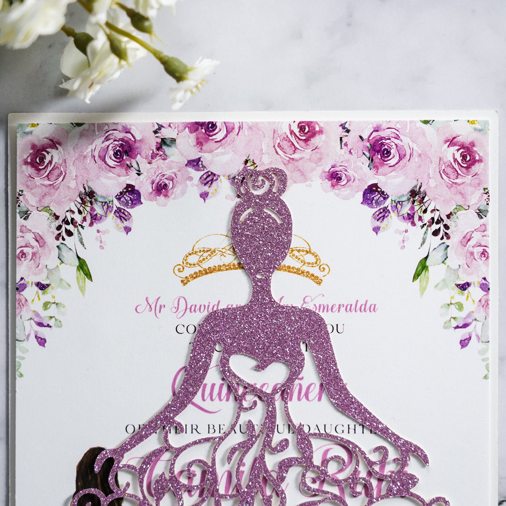 PONATIA Purple Glitter Laser Cut Crown Sweet 16 Invitations Cards With Envelopes