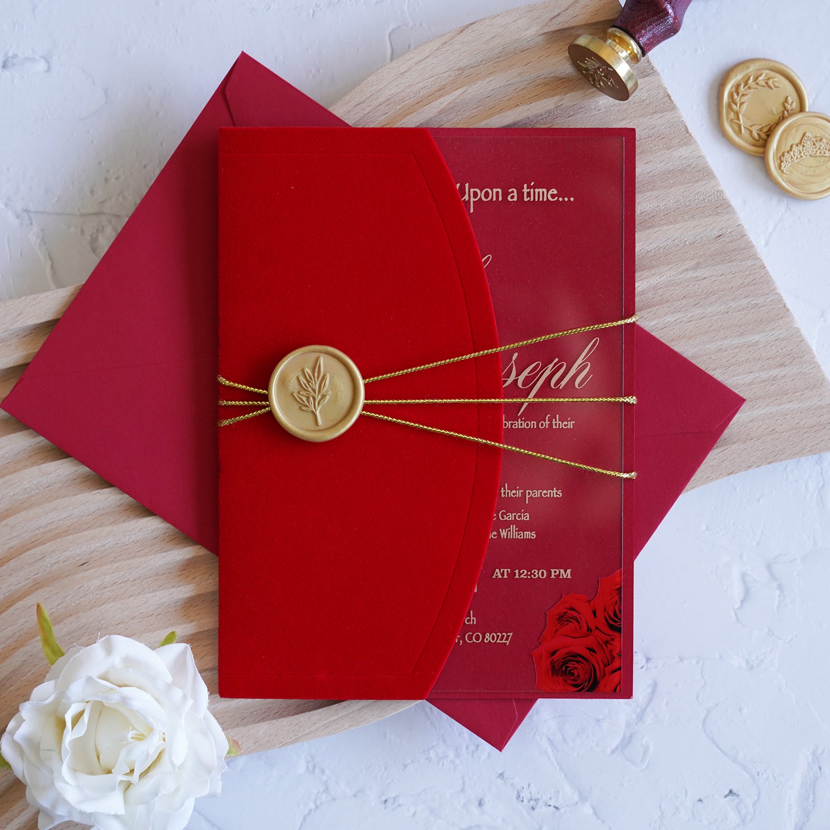 PONATIA 1mm/0.04" Clear Acrylic Wedding Invitation With Red Velvet Wrap Pocket, Wax Seal and Gold Thread