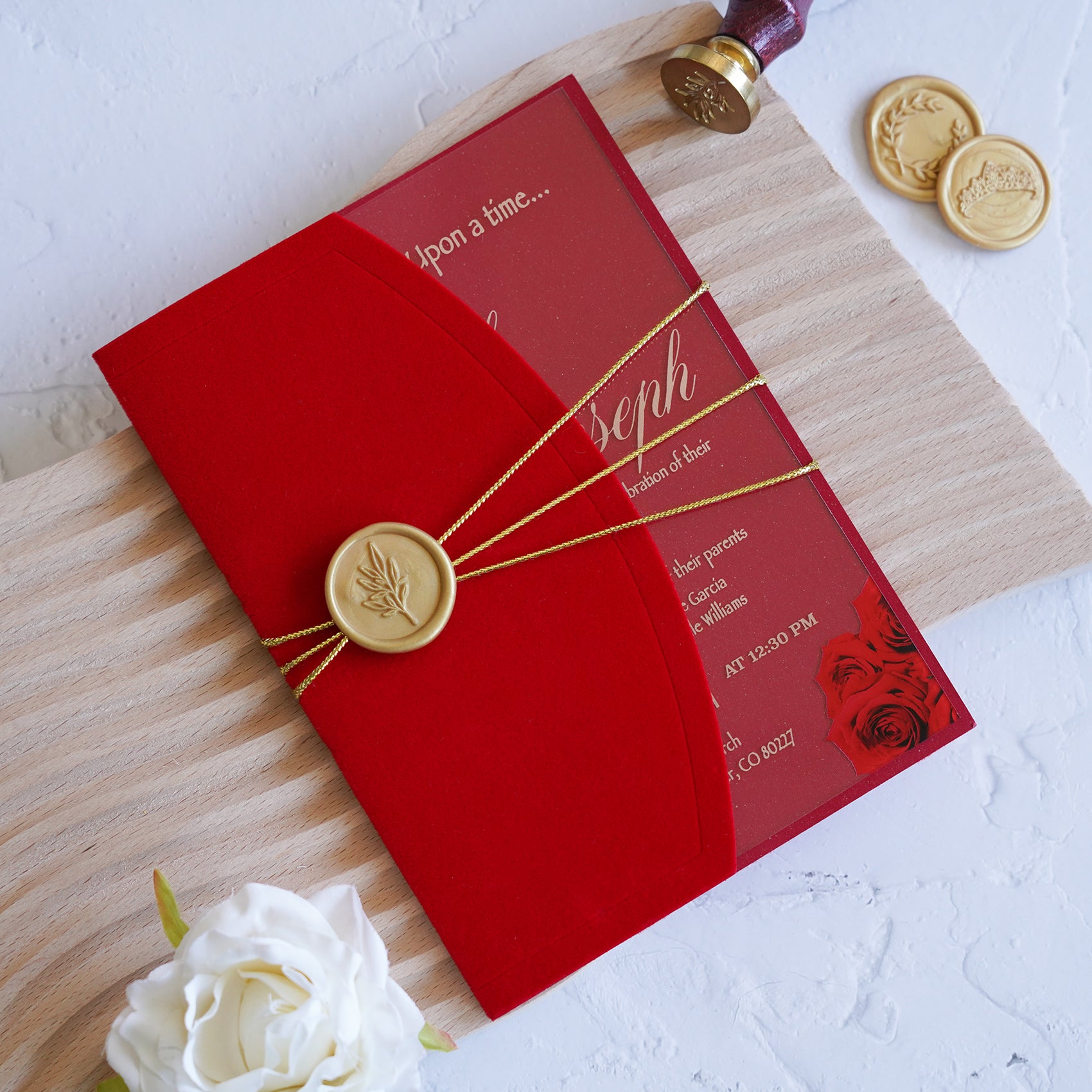PONATIA 1mm/0.04" Clear Acrylic Wedding Invitation With Red Velvet Wrap Pocket, Wax Seal and Gold Thread