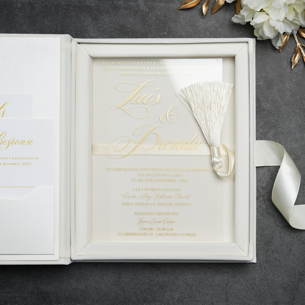 PONATIA Wedding Velvet Boxed Invitations Cards Full Set, Clear Acrylic Wedding Cards in Velvet Box