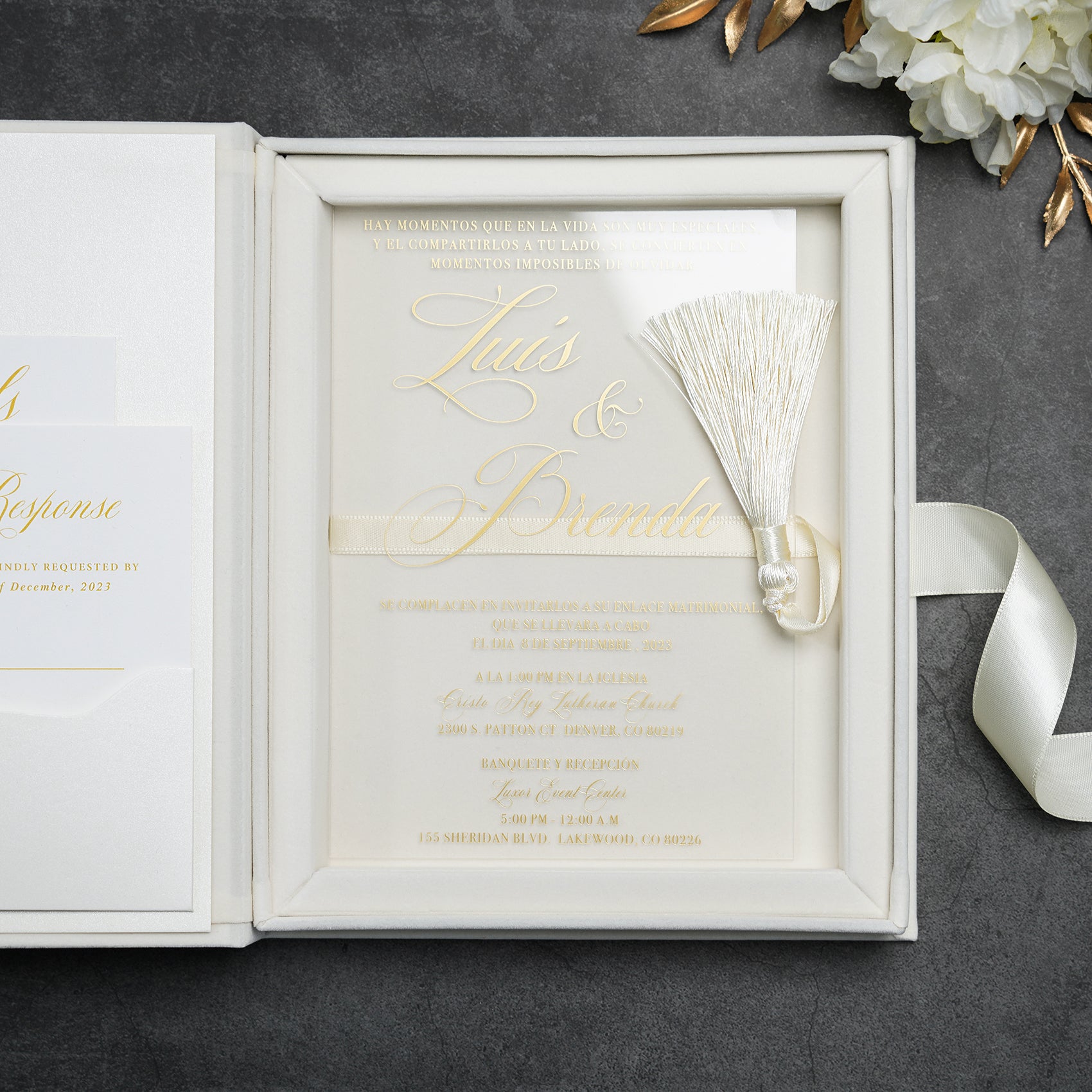 PONATIA Wedding Velvet Boxed Invitations Cards Full Set, Clear Acrylic Wedding Cards in Velvet Box