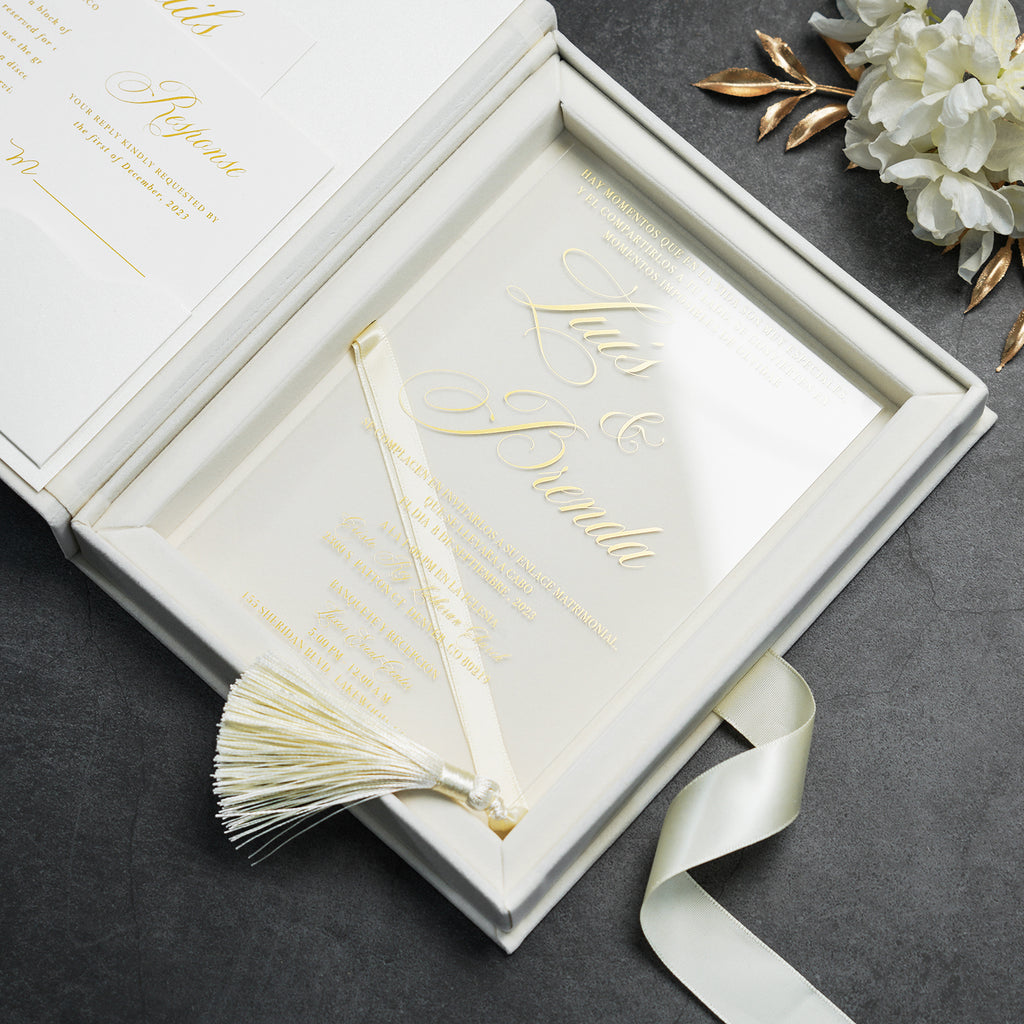 PONATIA Wedding Velvet Boxed Invitations Cards Full Set, Clear Acrylic Wedding Cards in Velvet Box