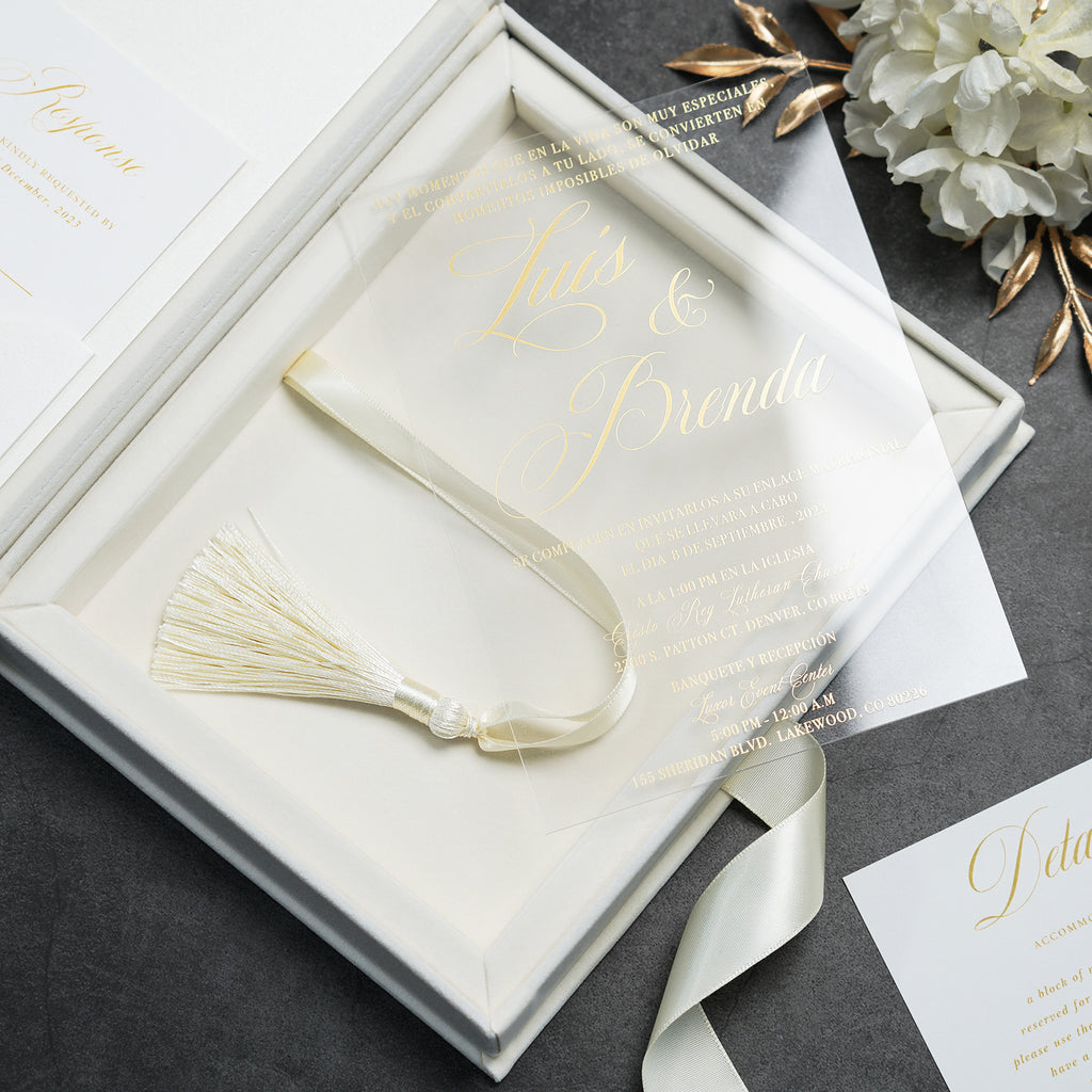 PONATIA Wedding Velvet Boxed Invitations Cards Full Set, Clear Acrylic Wedding Cards in Velvet Box