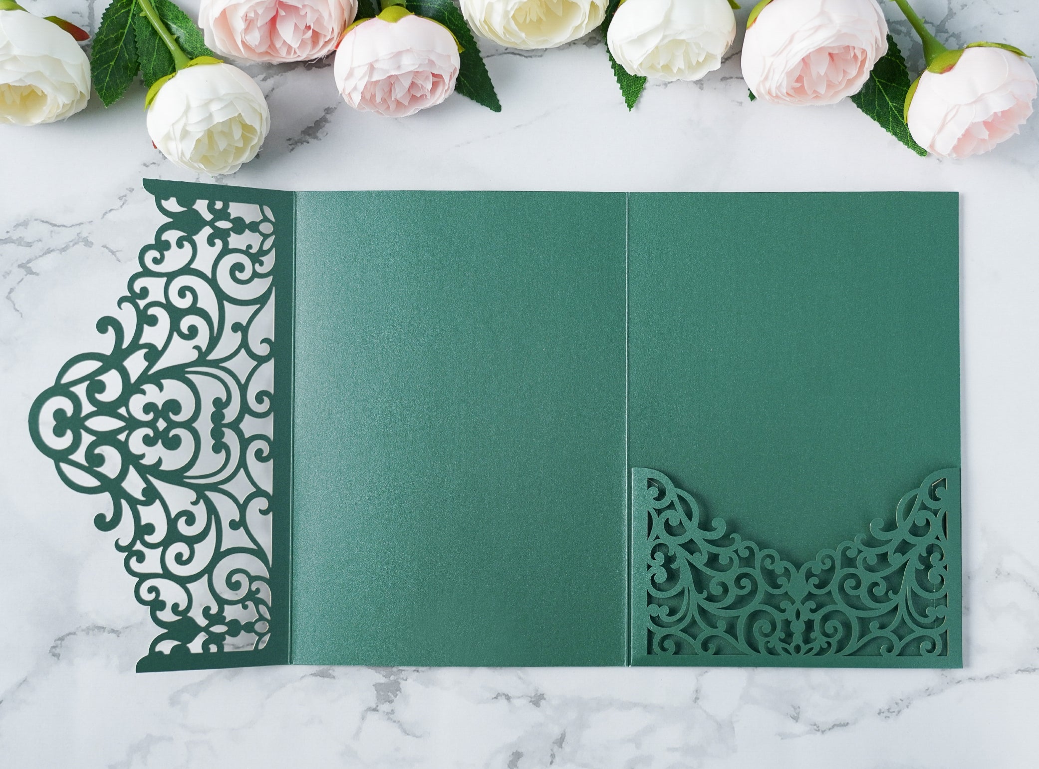 PONATIA  20PCS Emerald Green Laser Cut Wedding Invitations Pockets