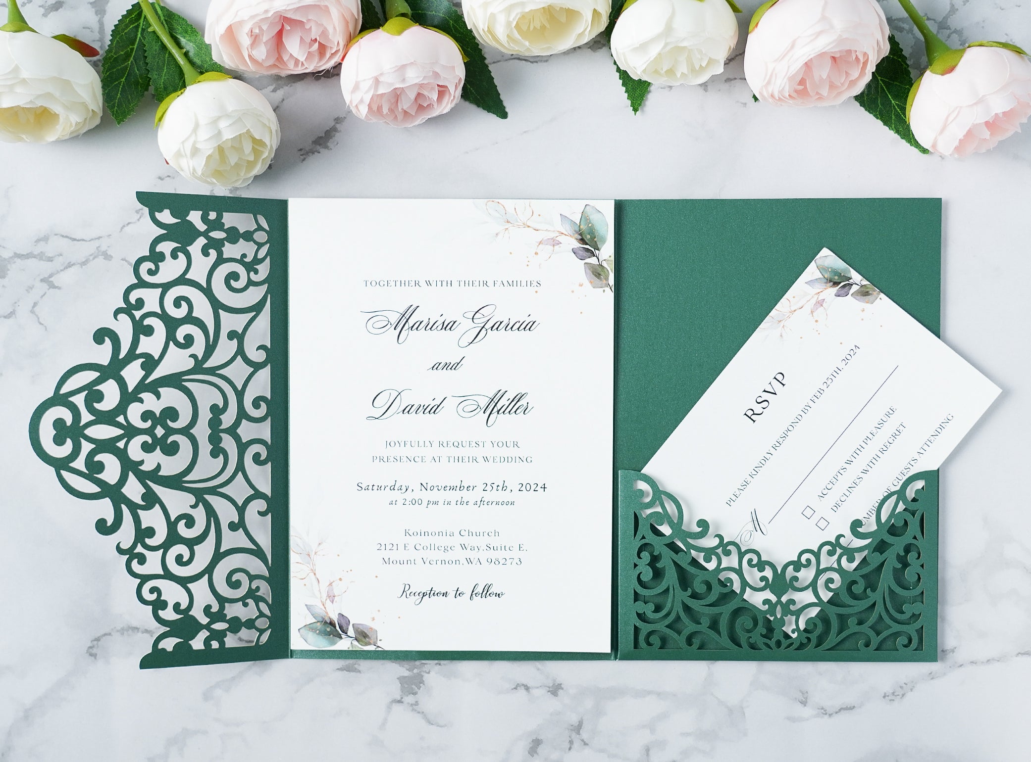 PONATIA  20PCS Emerald Green Laser Cut Wedding Invitations Pockets
