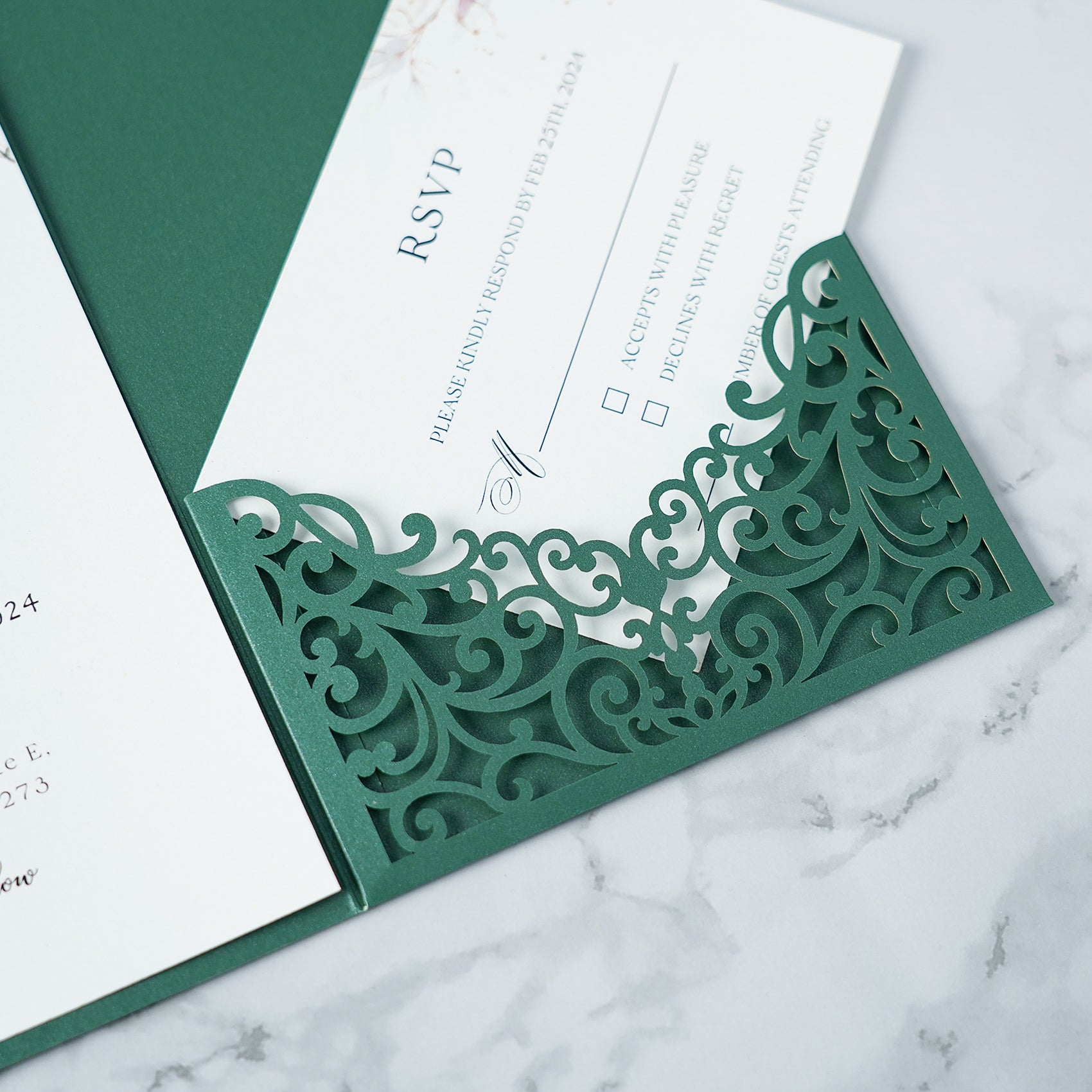 PONATIA  20PCS Emerald Green Laser Cut Wedding Invitations Pockets