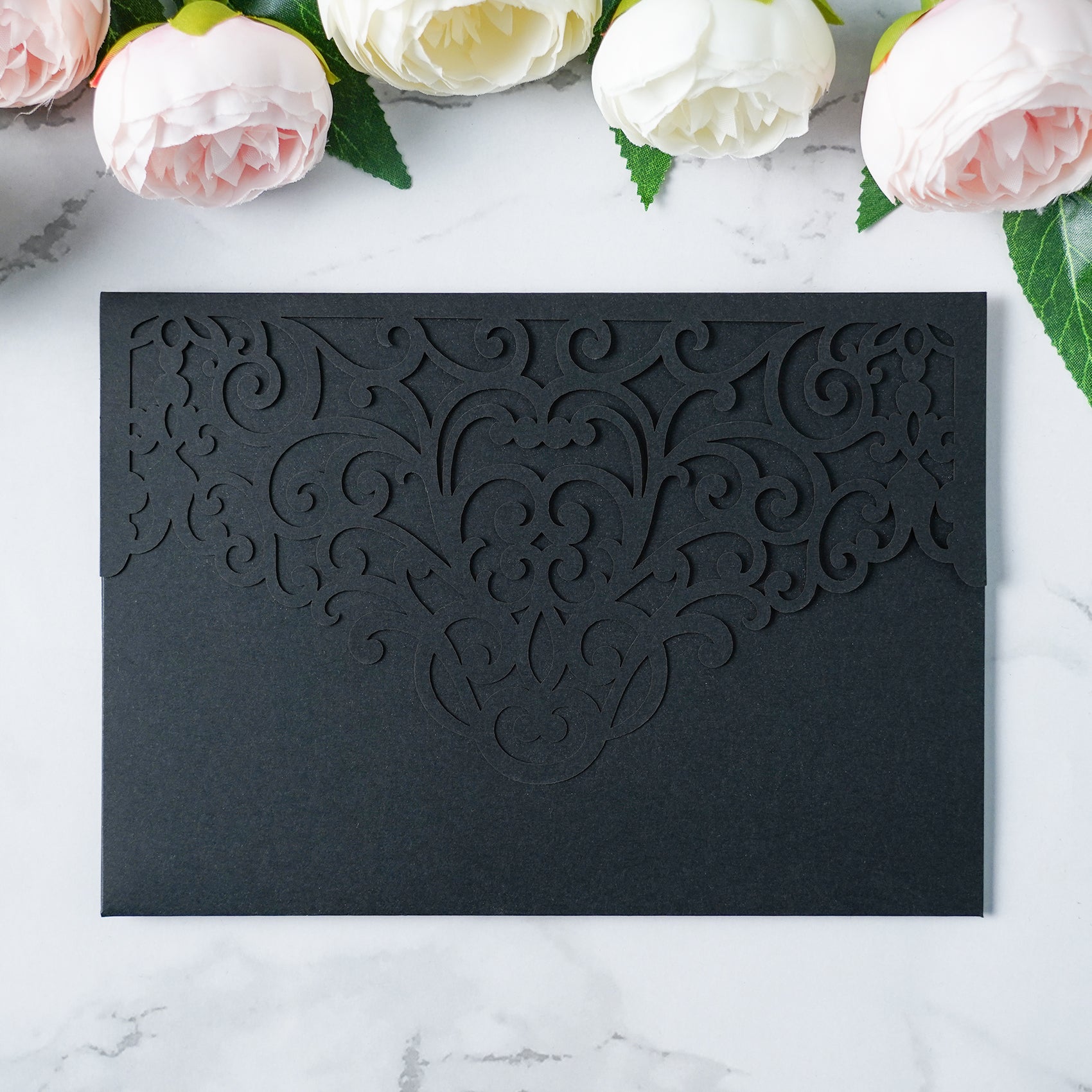 PONATIA  20PCS Black Laser Cut Wedding Invitations Pockets