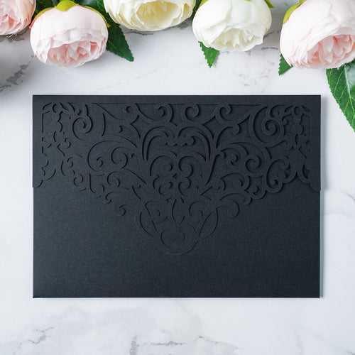 PONATIA  20PCS Black Laser Cut Wedding Invitations Pockets
