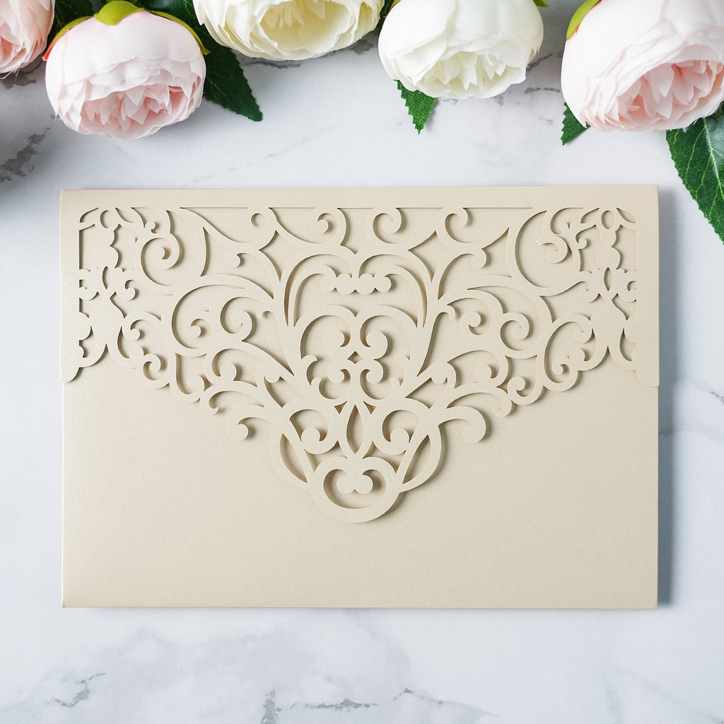 PONATIA  20PCS Beige Laser Cut Wedding Invitations Pockets