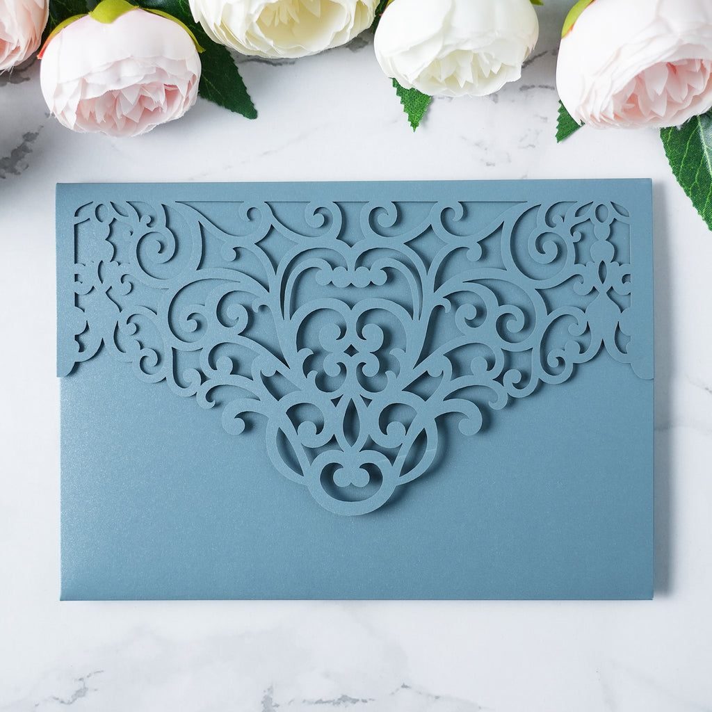 PONATIA  20PCS Dusty Blue Laser Cut Wedding Invitations Pockets