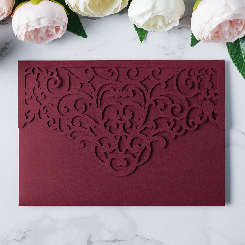 PONATIA  20PCS Burgundy Laser Cut Wedding Invitations Pockets