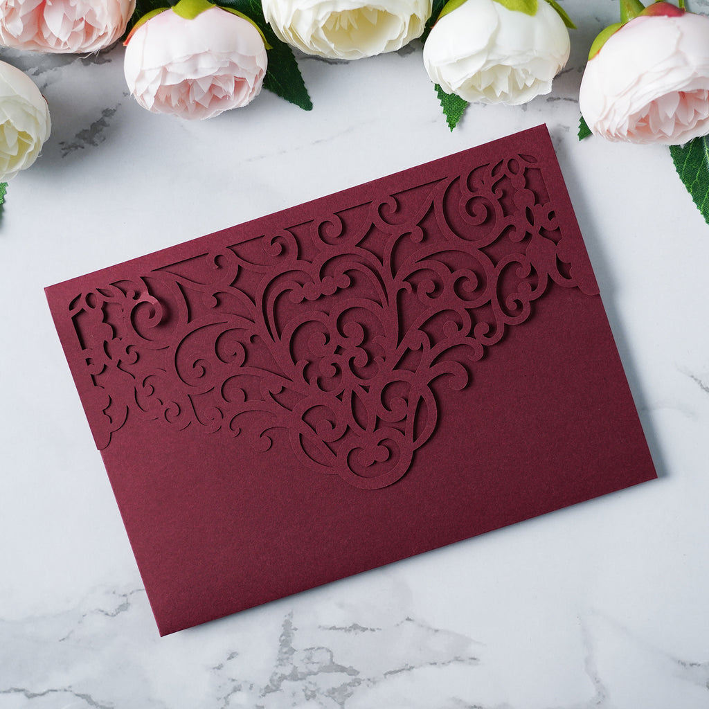 PONATIA  20PCS Burgundy Laser Cut Wedding Invitations Pockets