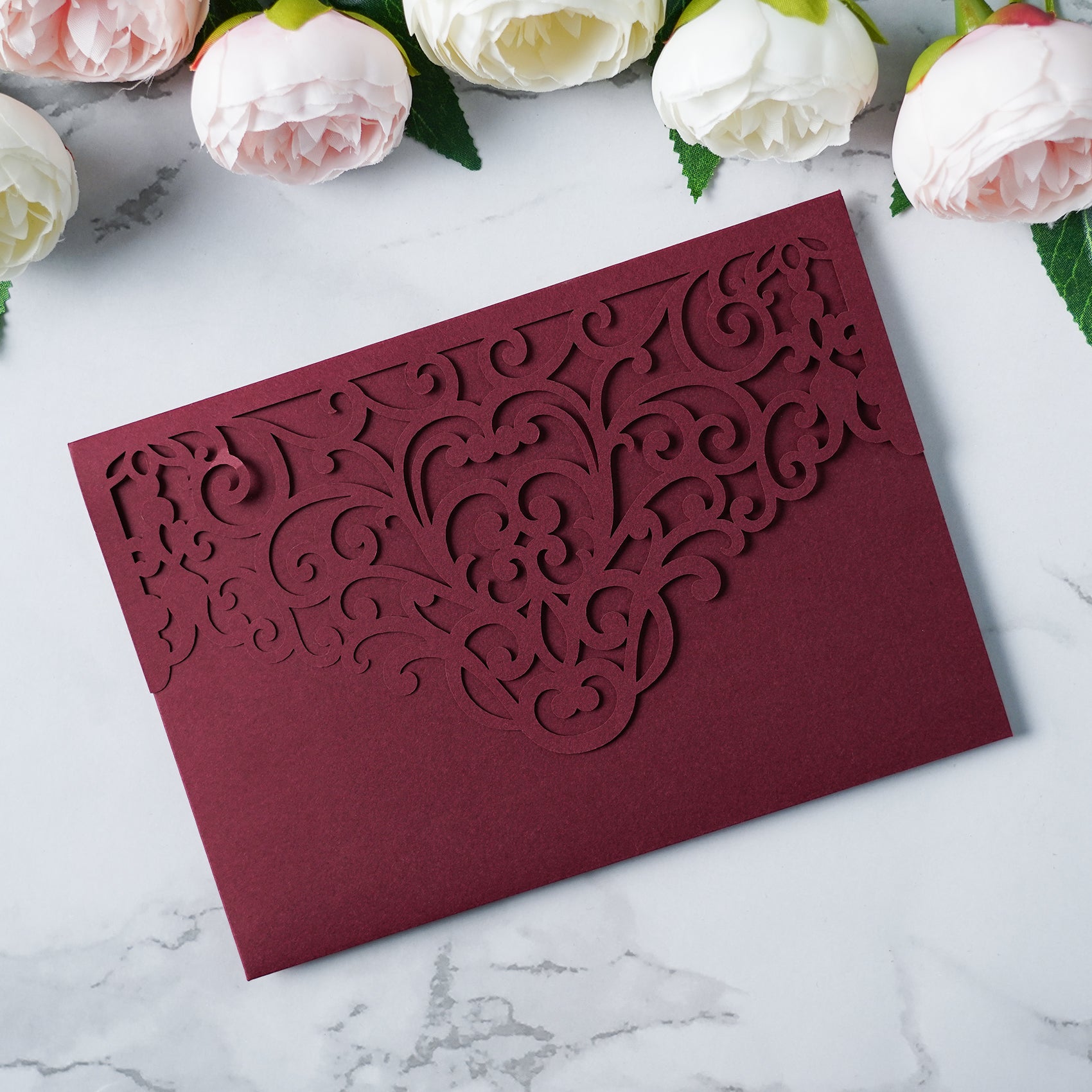 PONATIA  20PCS Burgundy Laser Cut Wedding Invitations Pockets