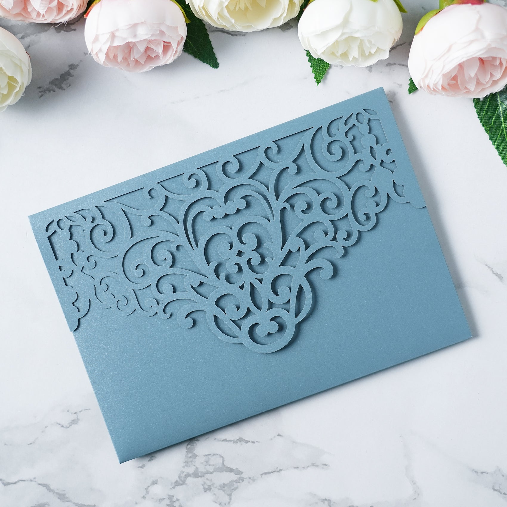 PONATIA  20PCS Dusty Blue Laser Cut Wedding Invitations Pockets