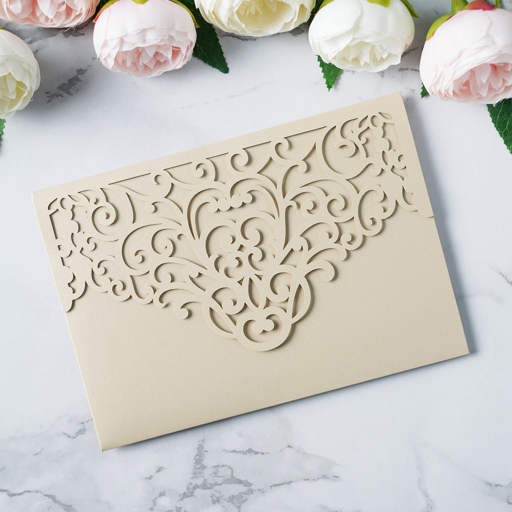 PONATIA  20PCS Beige Laser Cut Wedding Invitations Pockets