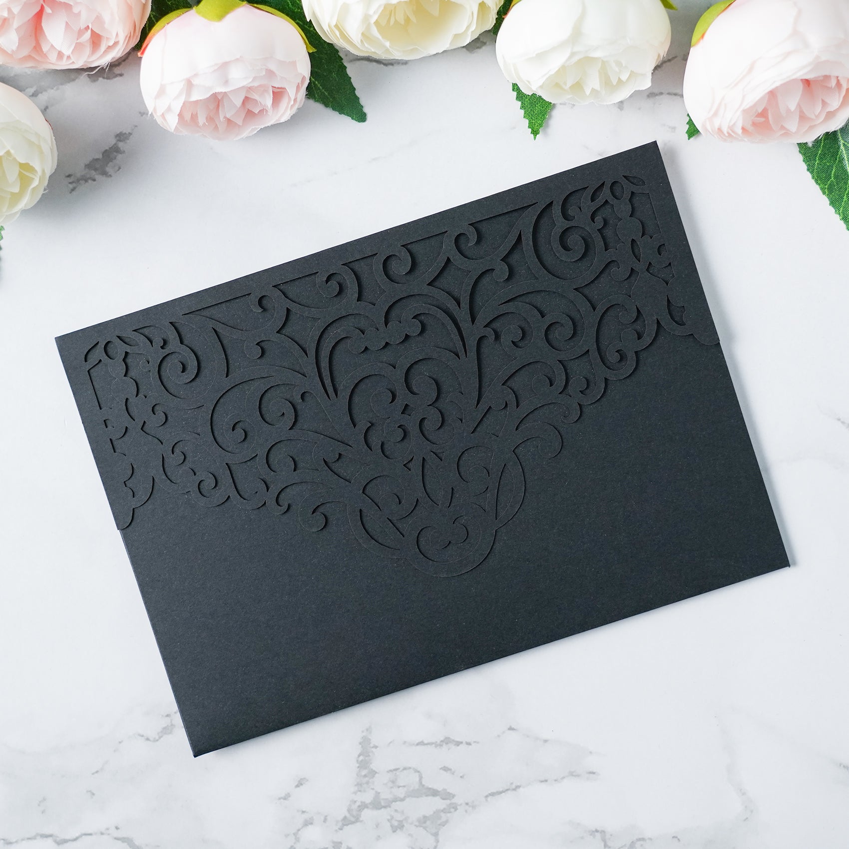 PONATIA  20PCS Black Laser Cut Wedding Invitations Pockets